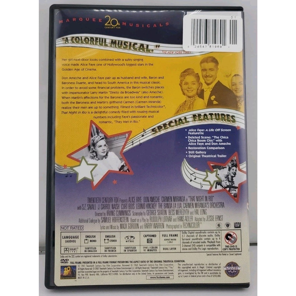 That Night In Rio Fox DVD Alice Faye, Carmen Miranda & Don Ameche
