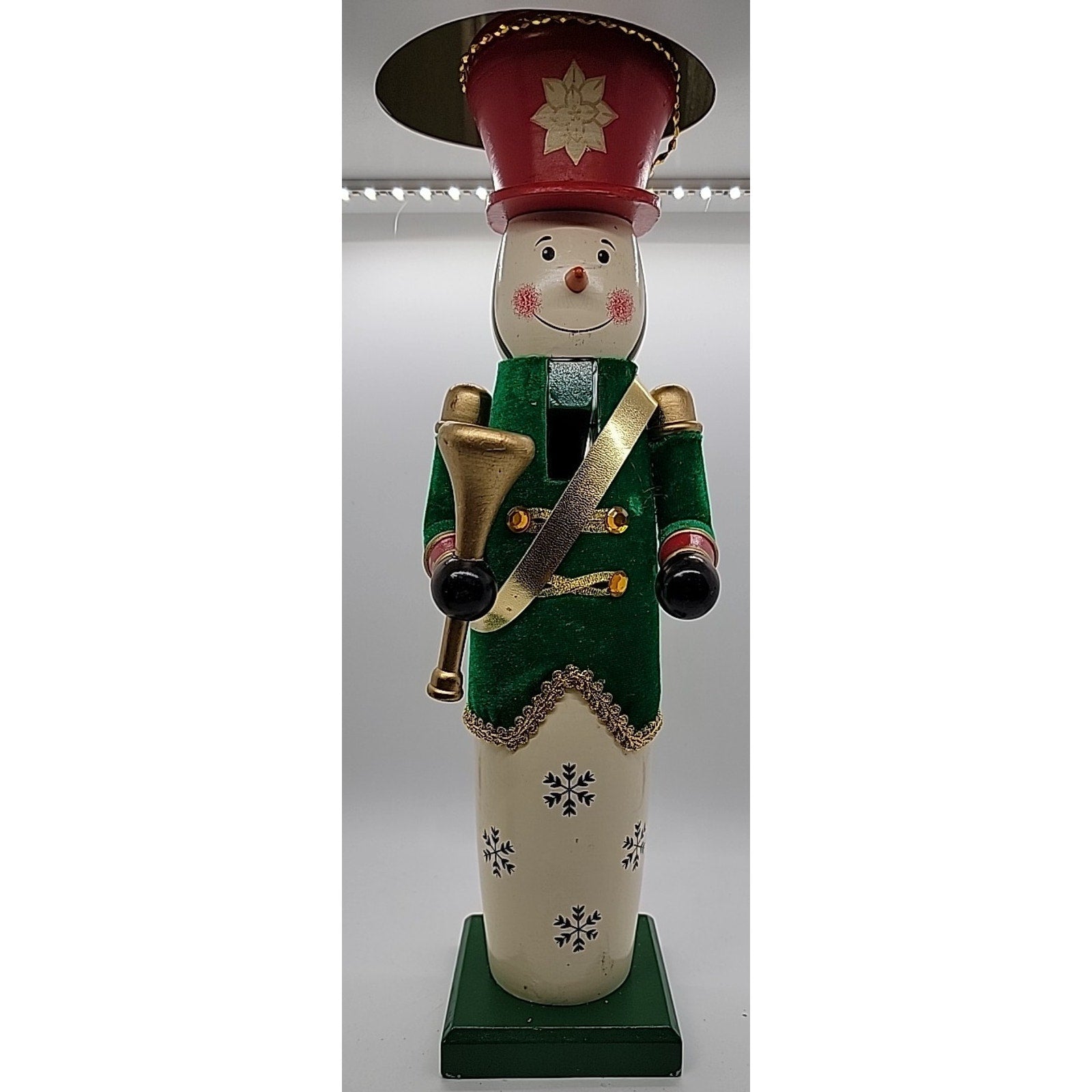 15" Wooden Snowman Nutcracker Green Velvet Vest / Red Hat