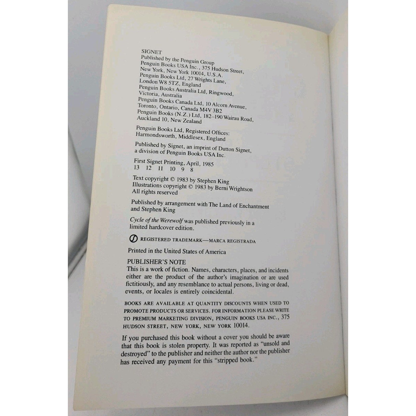 Cycle Of The Werewolf Stephen King Signet Special Printing 1985