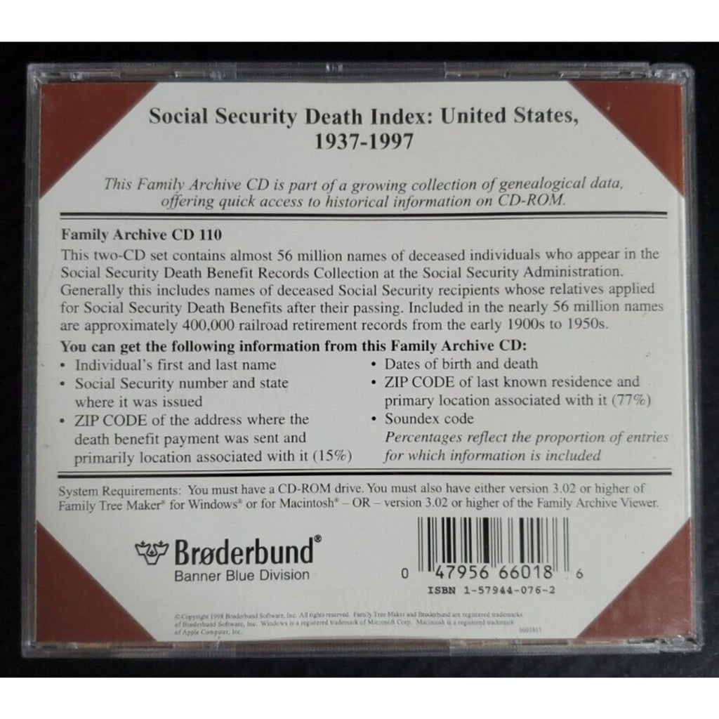 Family Archives: U.S. Social Security Death Index (BRODERBUND) / CD-ROM / PC MAC