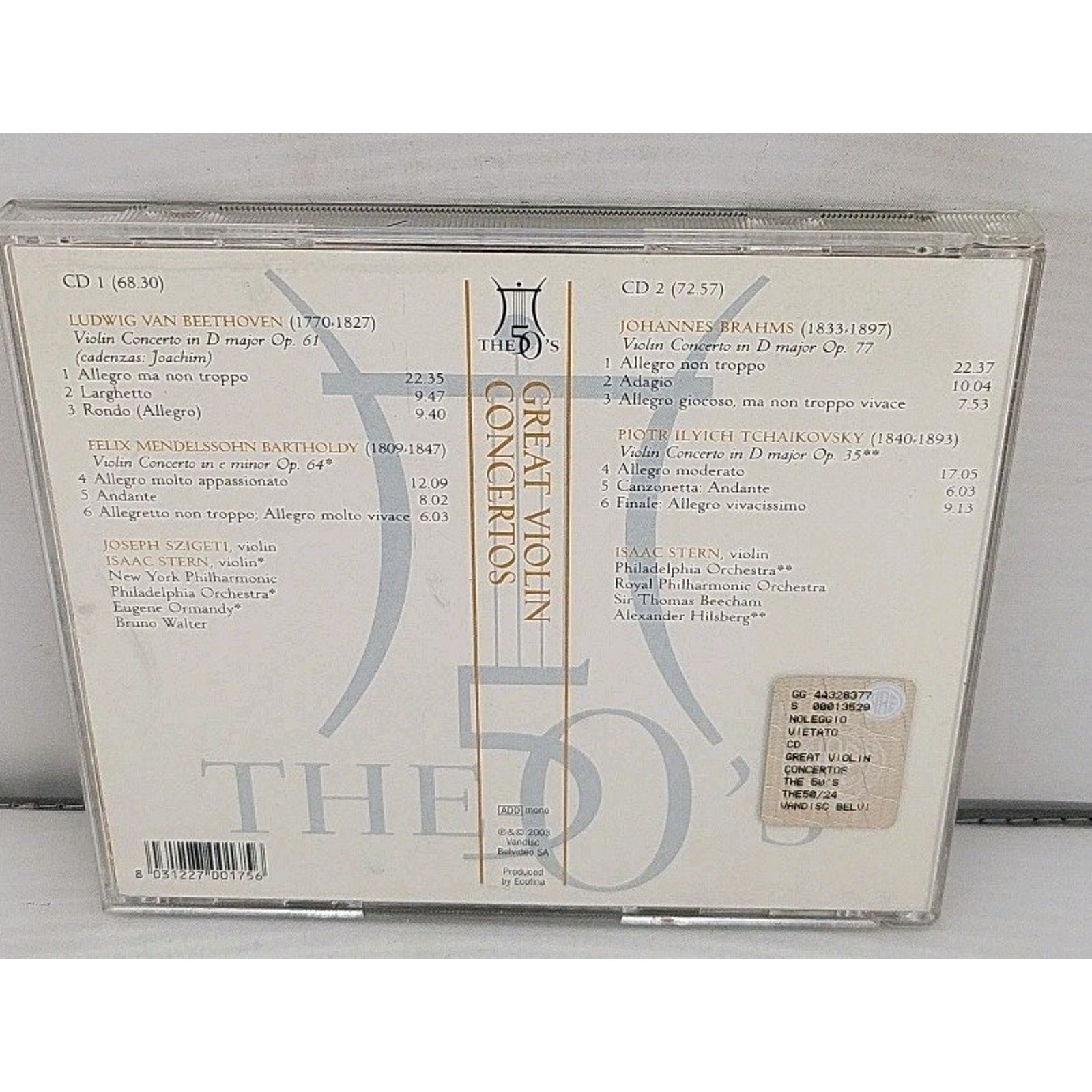 Great Violin Concertos -2 Disc - Beethoven, Mendelssohn Brahms, Tchaikovsky CD