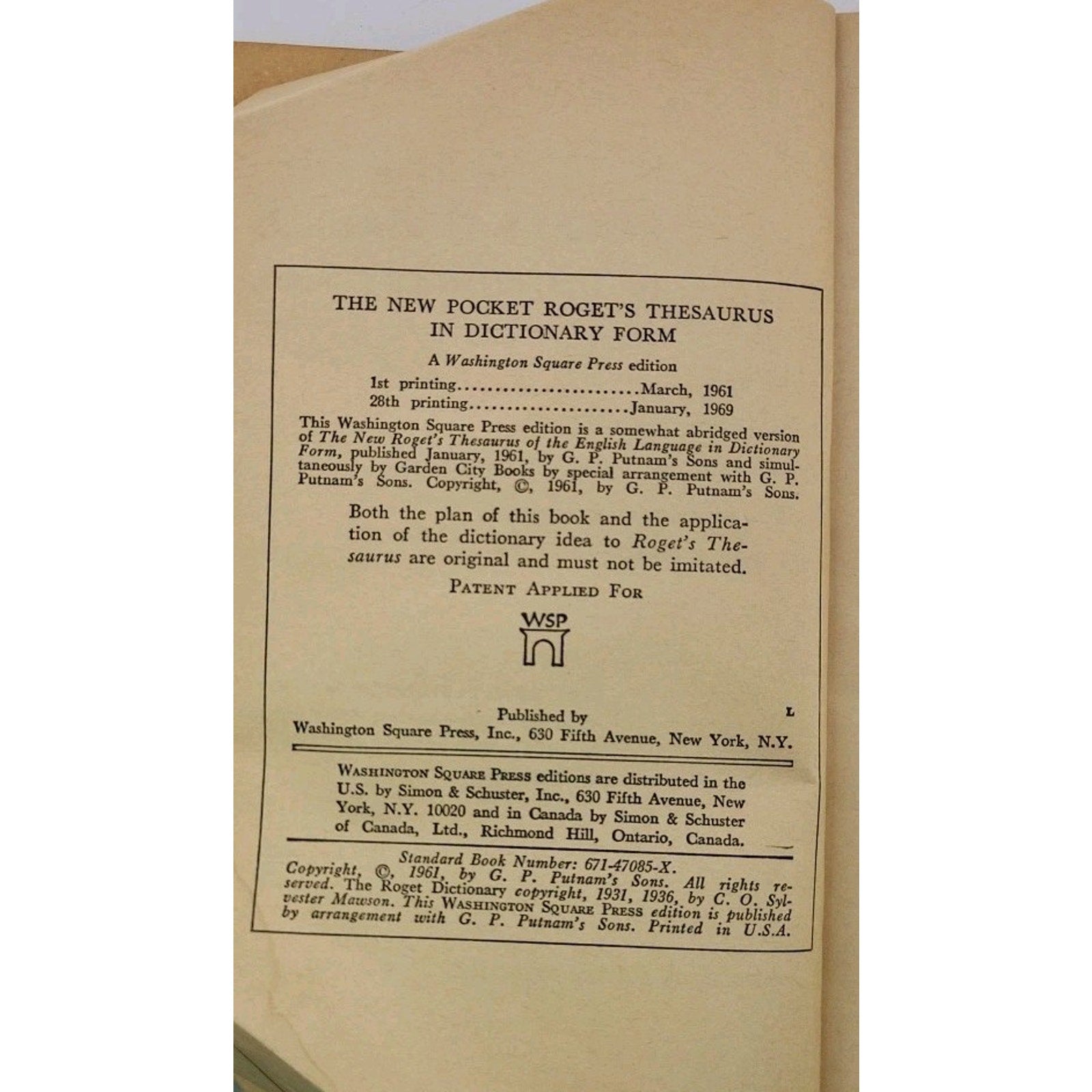 Roget's New Pocket Thesaurus In Dictionary Form, Paperback 1971