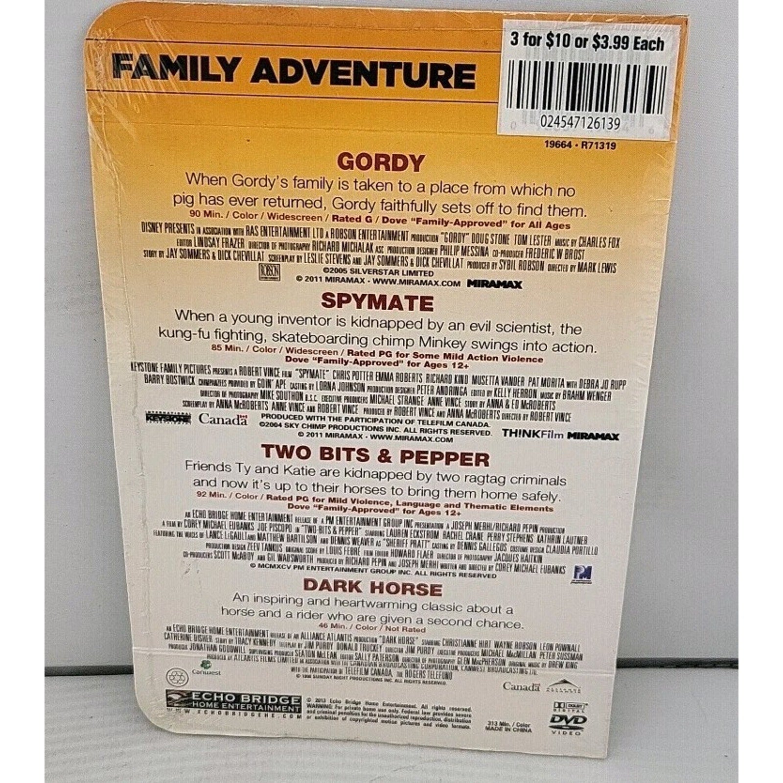 Family Adventure 4-Film Set: Gordy/Spymate/Two Bits & Pepper/Dark horse (DVD)