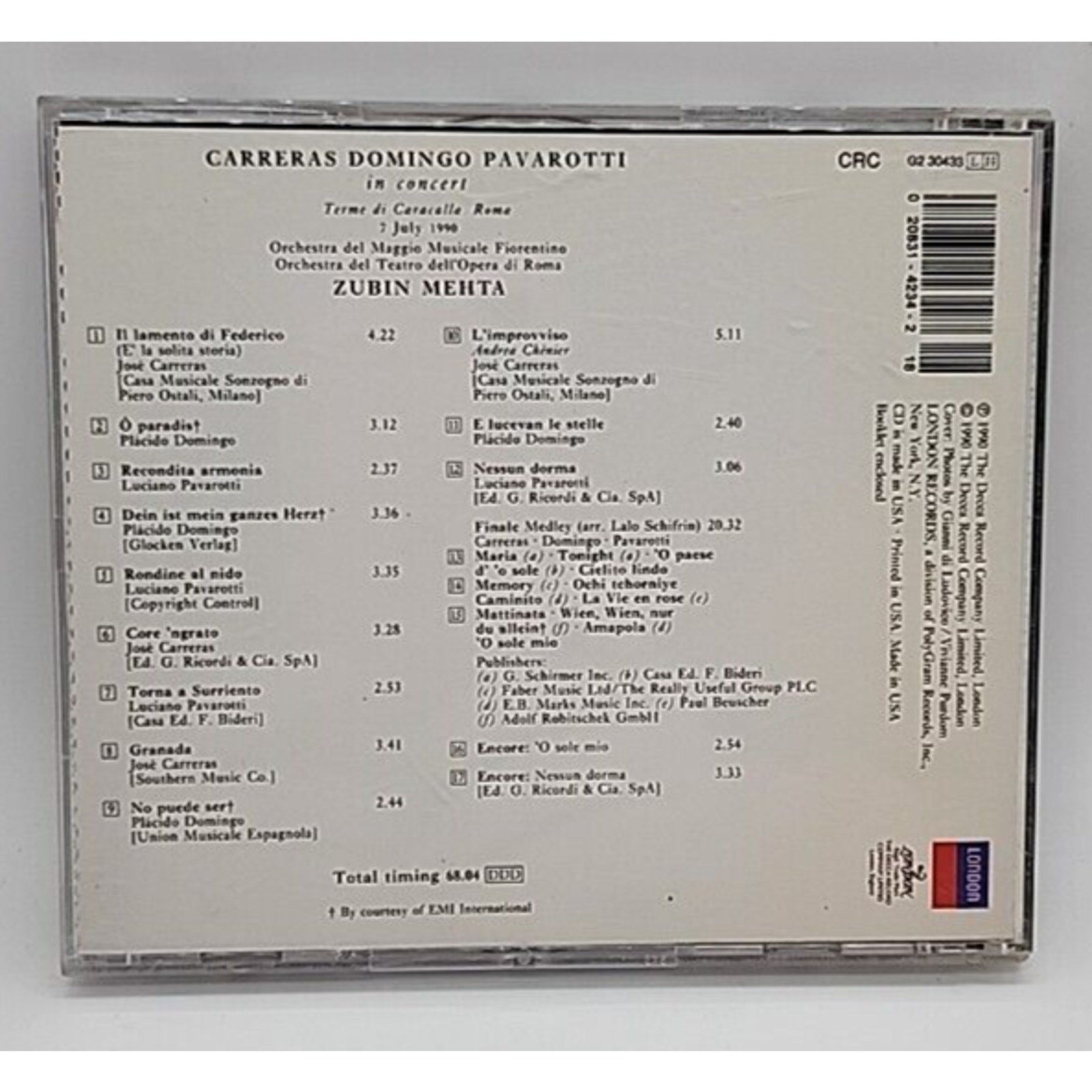 Carreras, Domingo, Pavarotti: The Three Tenors in Concert Opera Mehta (CD)
