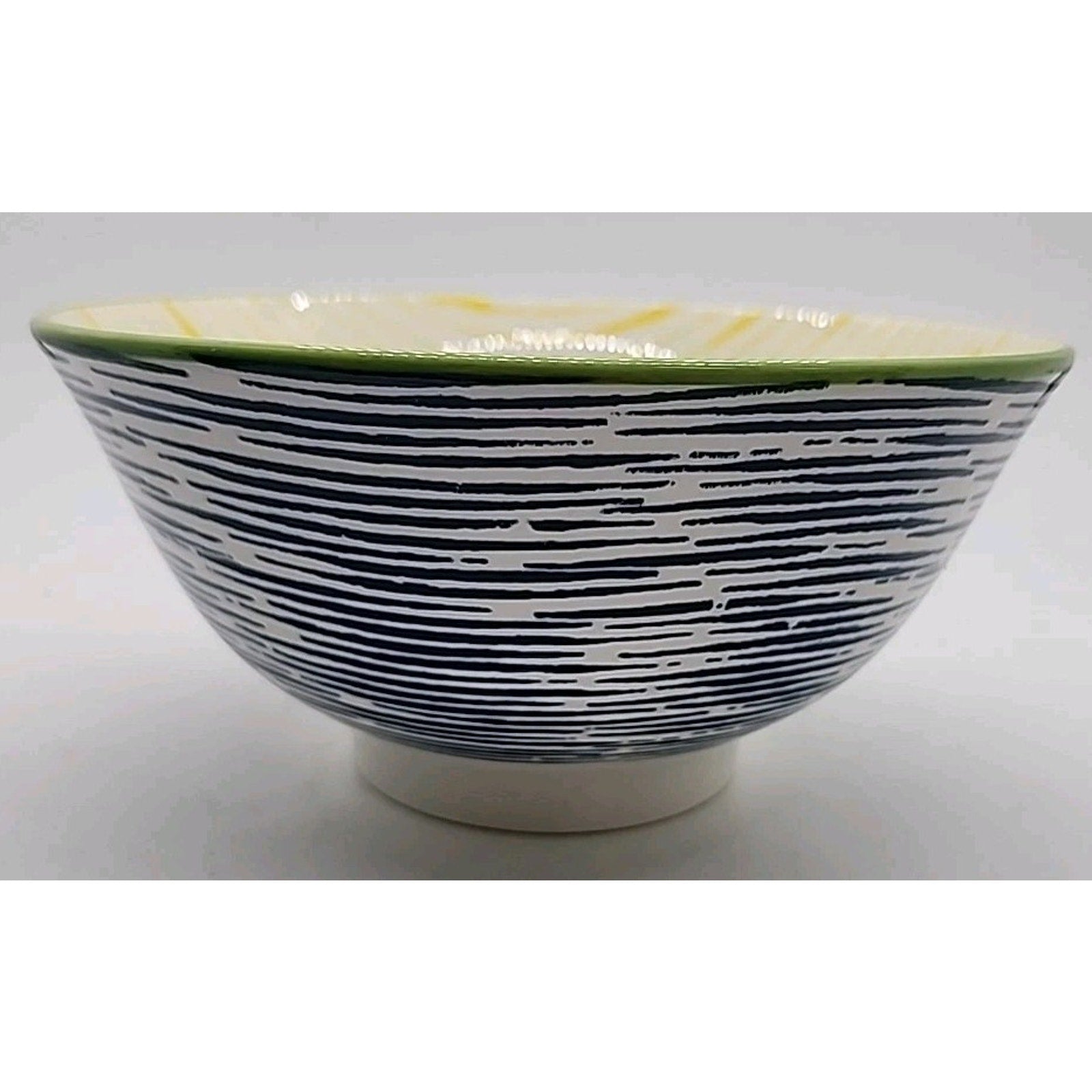 Blue Striped Outside Yellow Striped Inside Textured Hasami Style Vintage Bowl