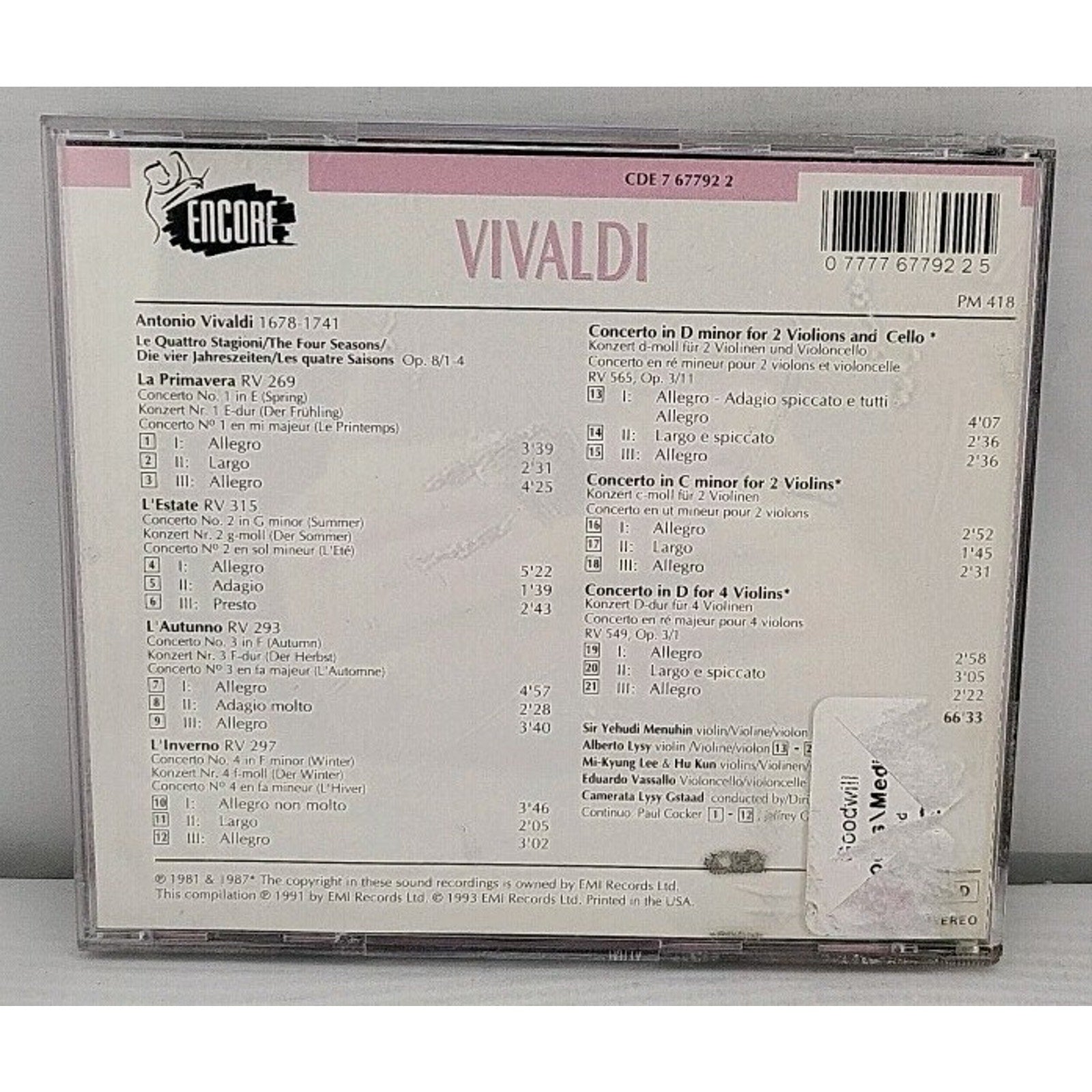 The Four Seasons by Vivaldi (CD, 1993)