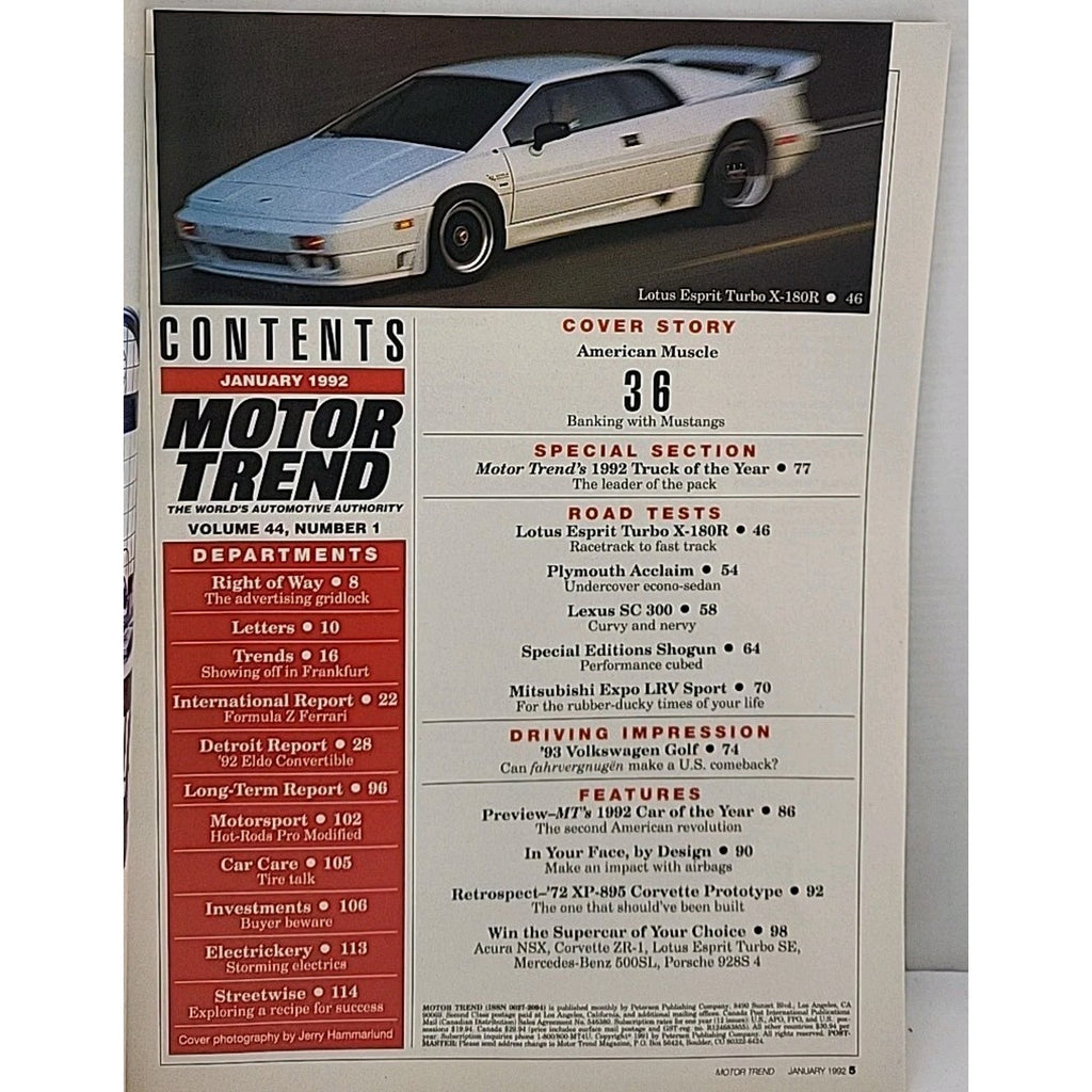 Motor Trend Magazine - January 1992 - Volume 44 Number 1