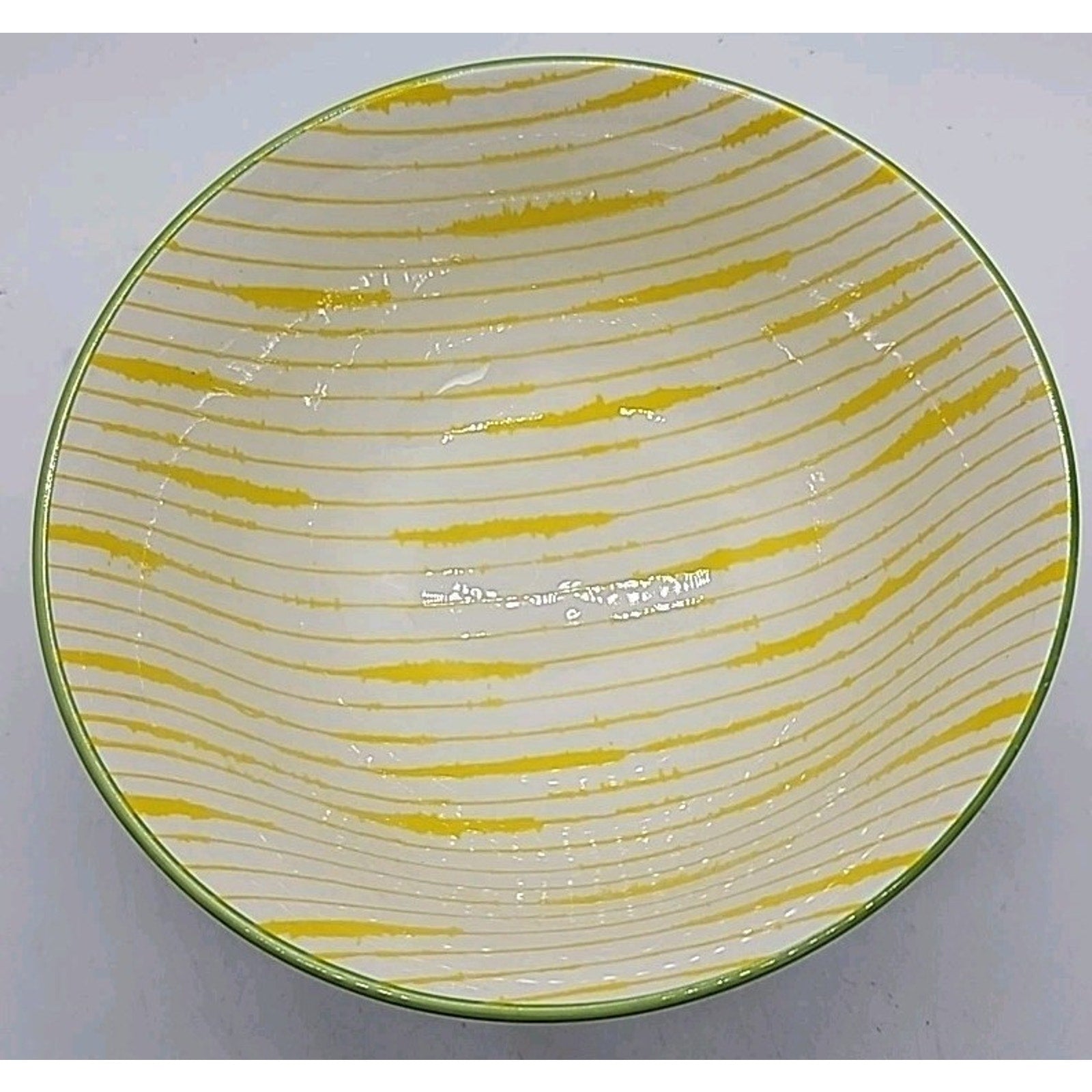 Blue Striped Outside Yellow Striped Inside Textured Hasami Style Vintage Bowl