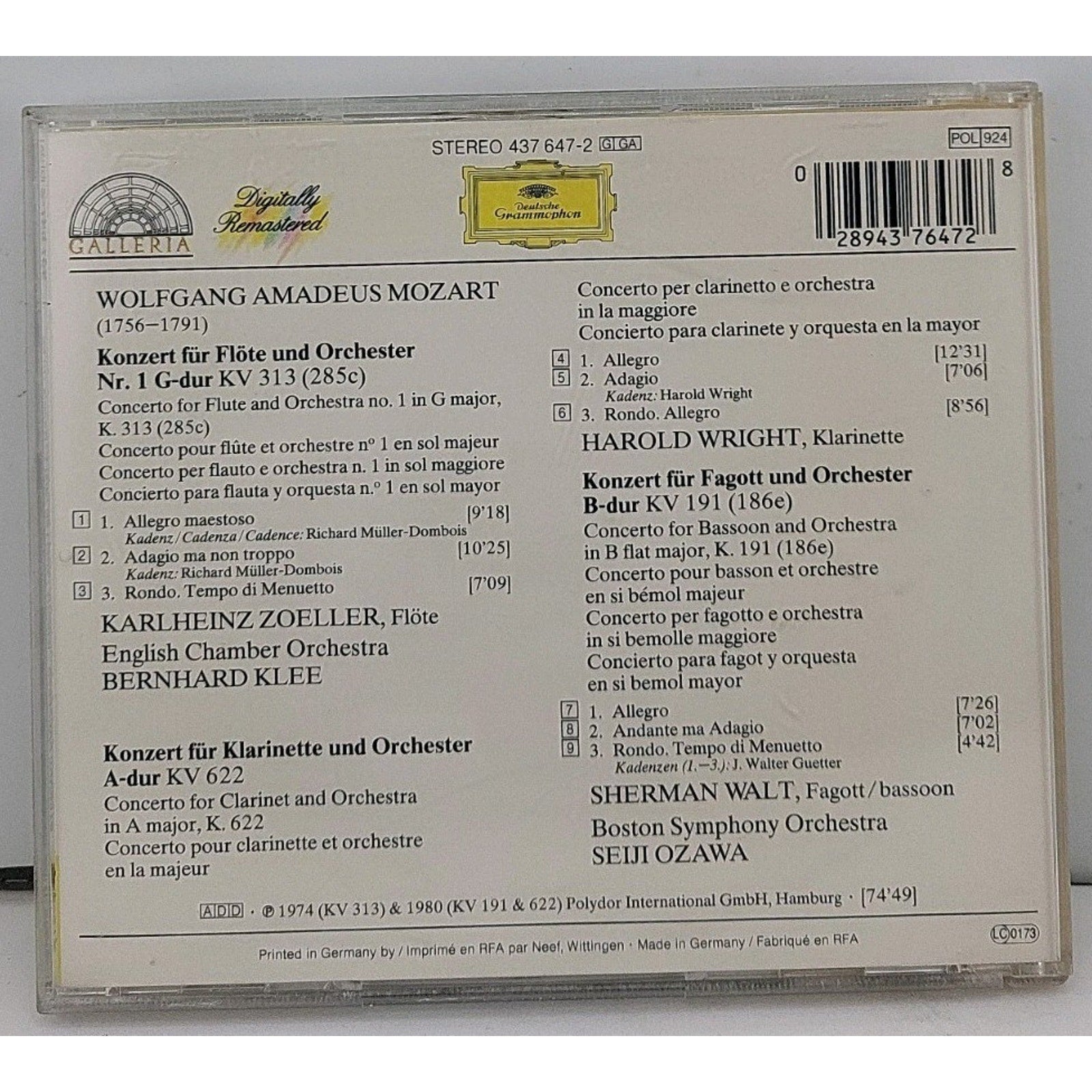 Flute Con K.313 Clarinet Con K.622 by W.A. Mozart (CD, 2008)