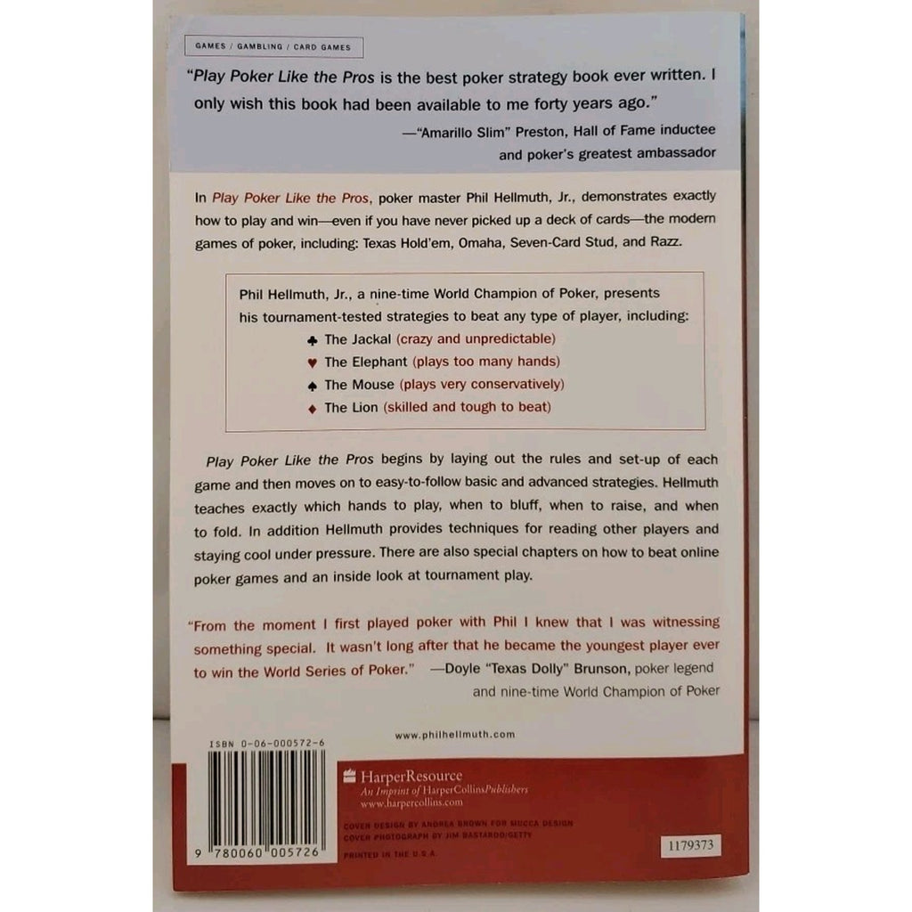 Play Poker Like the Pros by Phil Hellmuth and Phil Hellmuth Jr. (2003, Trade...