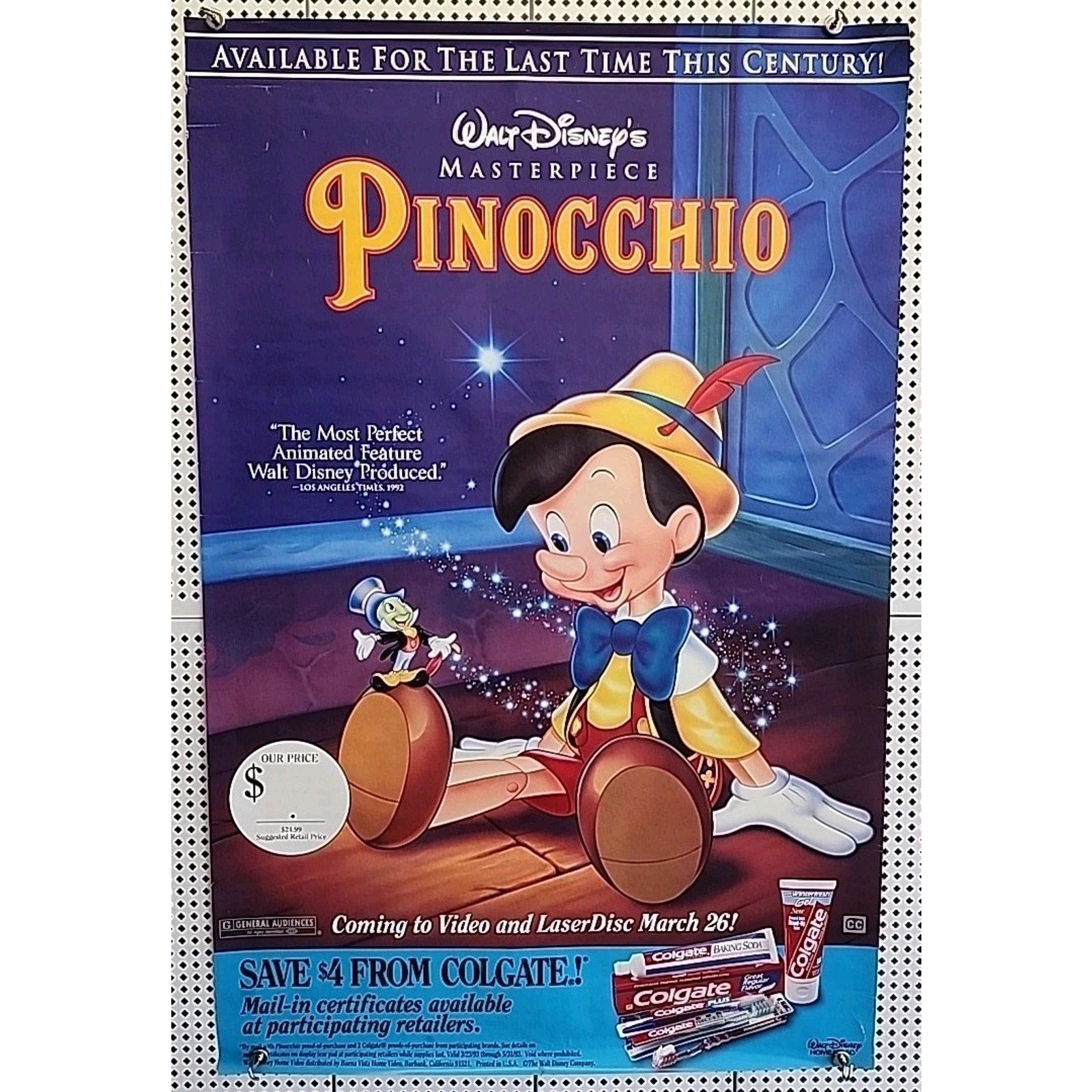 Pinocchio Movie Poster Walt Disney 1993 Video Store 26" x 40" Promo Promotional