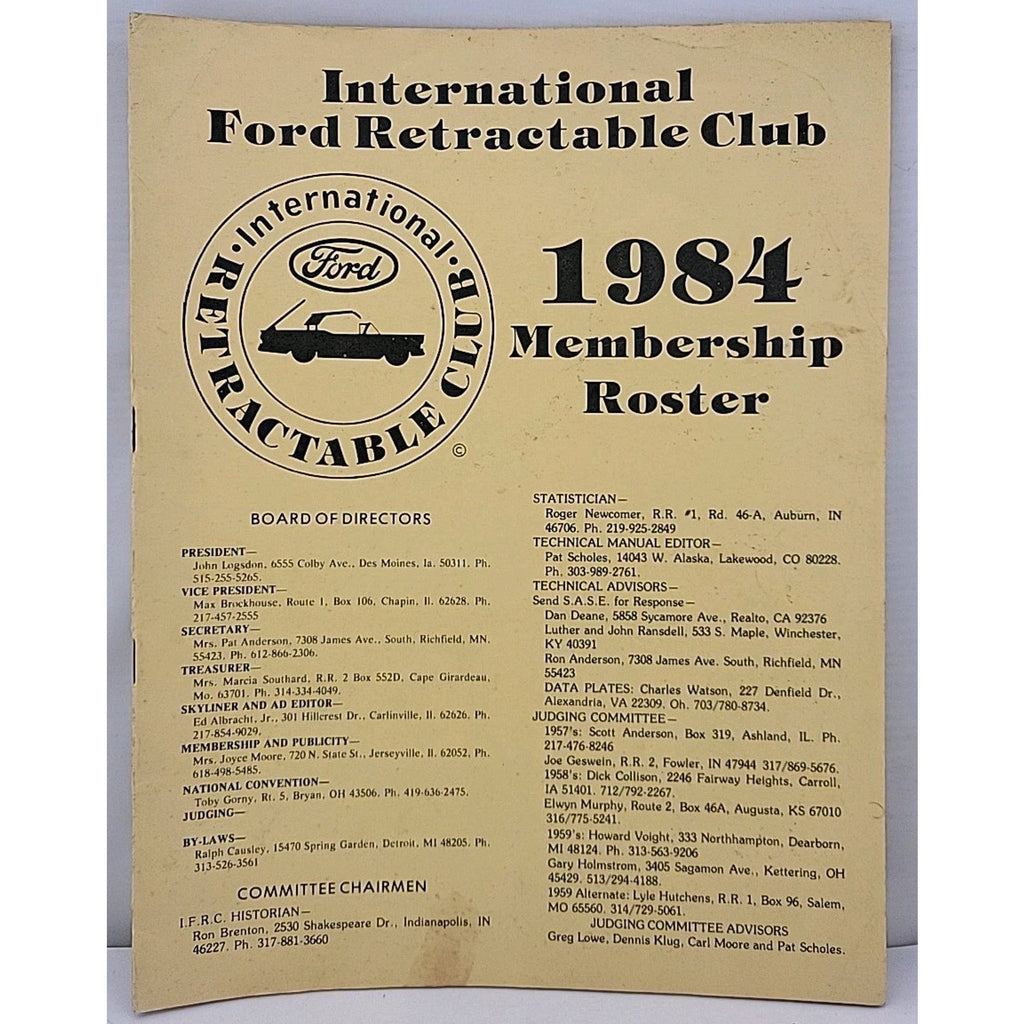 International Ford Retractable Club - 1984 Membership Roster