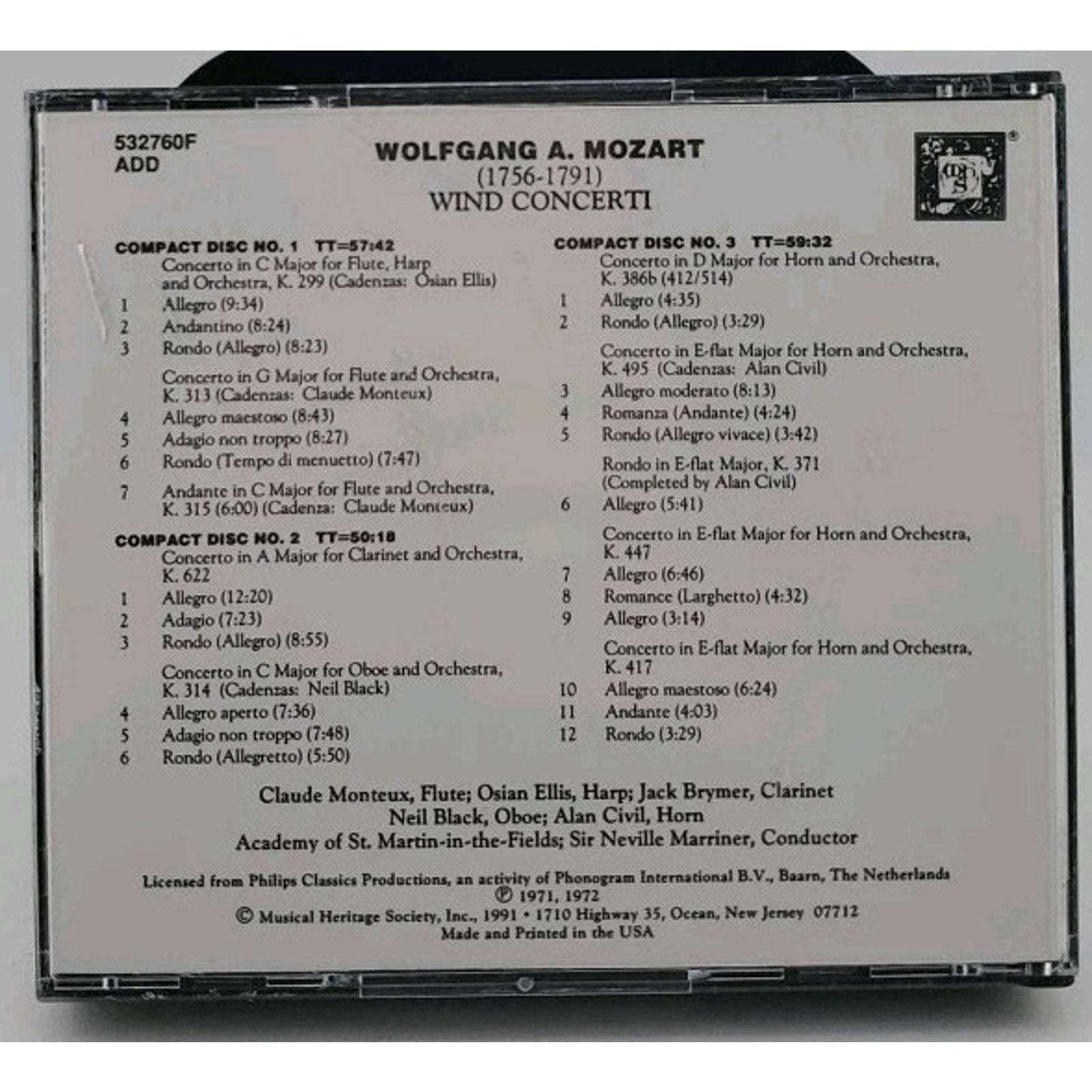 Wofgand A. Mozart's - Wind Concerti - Sir Neville Marriner (CD)