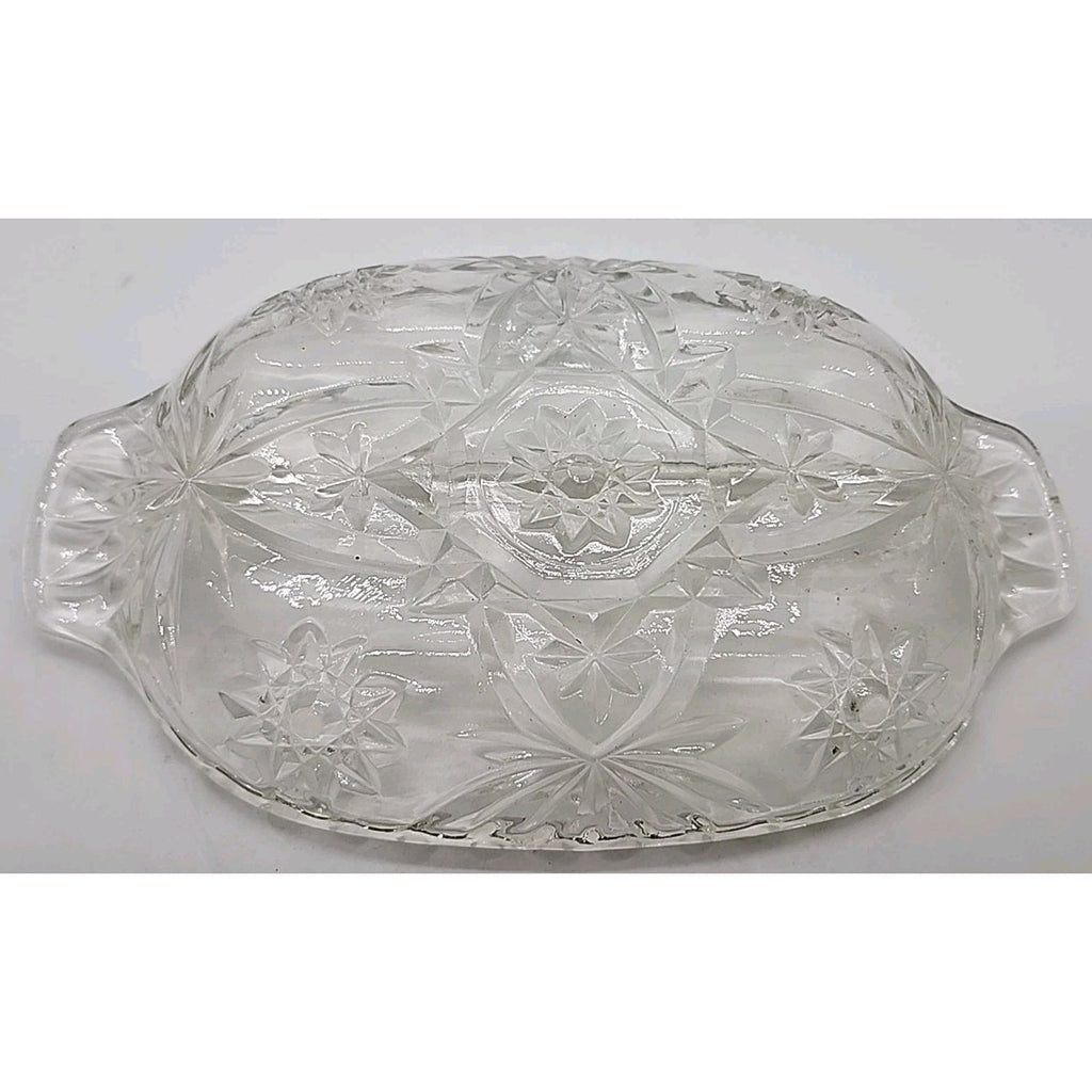 Vintage Anchor Hocking Prescut Star David Handle 2 Part Relish Clear Glass Dish