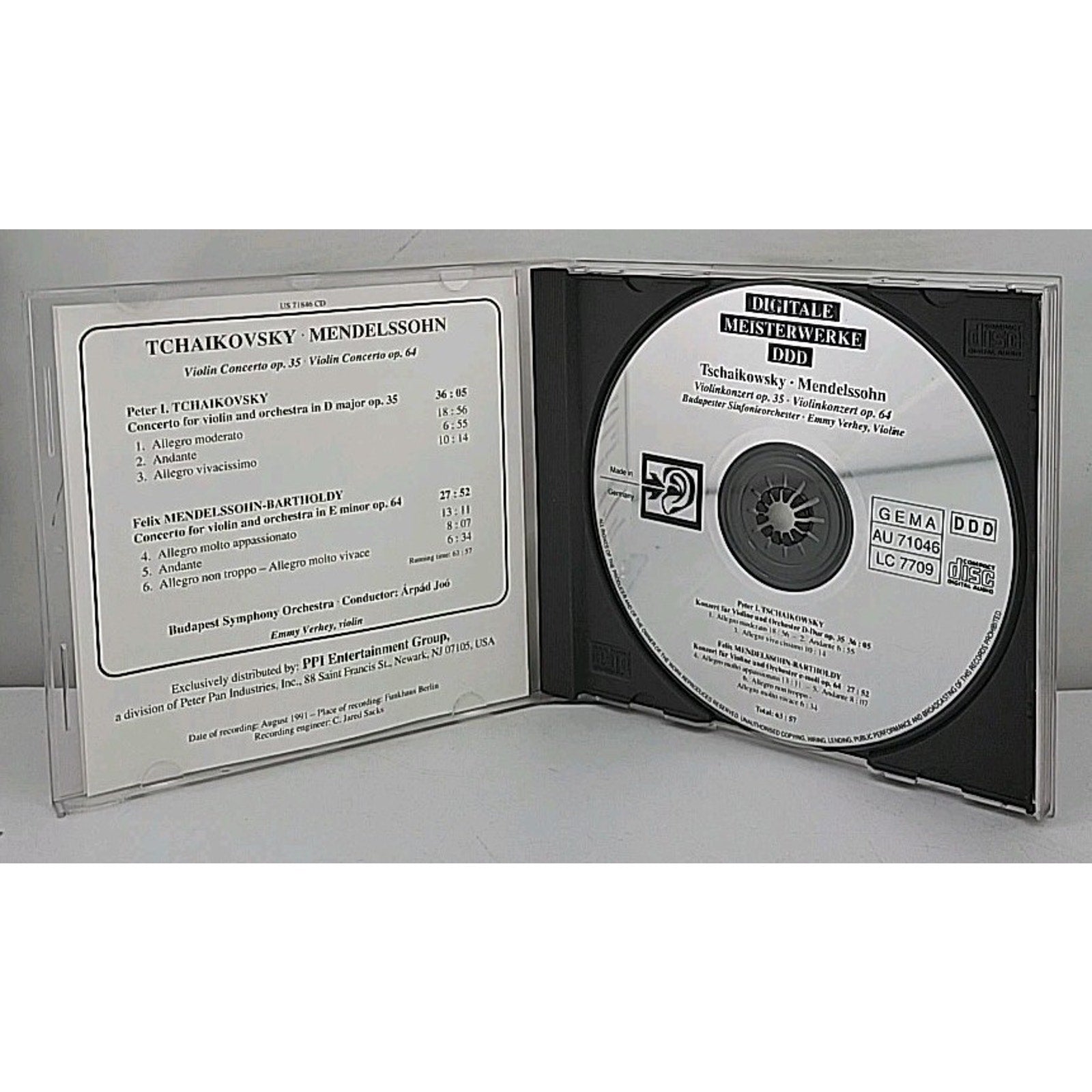 Tchaikovsky Mendelssohn Violin Concertos Joó, Verhey DDD CD Made In Germany 1991