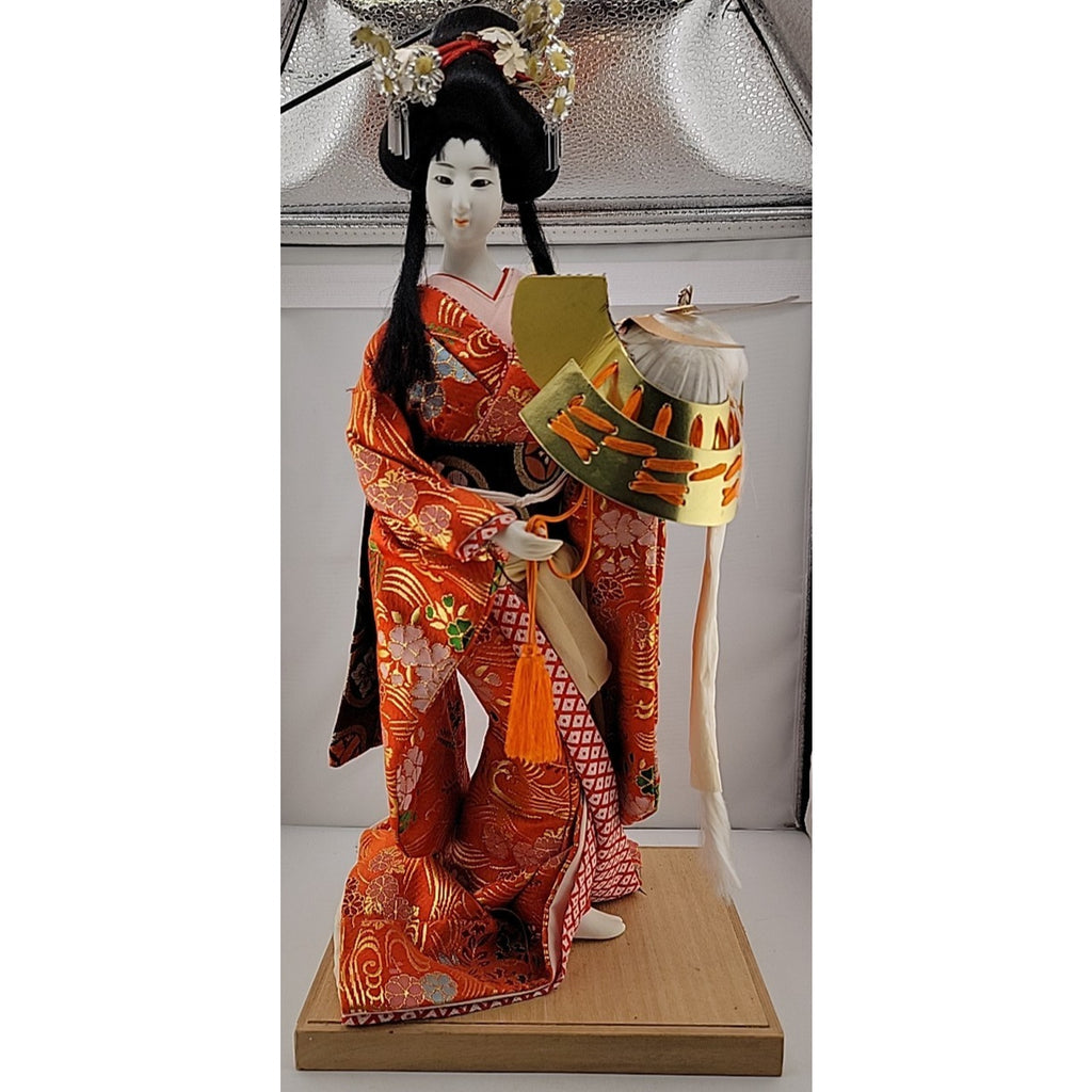 Nishi Geisha Doll 16" Kabuto Helmet Crown Japanese Lady Figurine Red Kimono