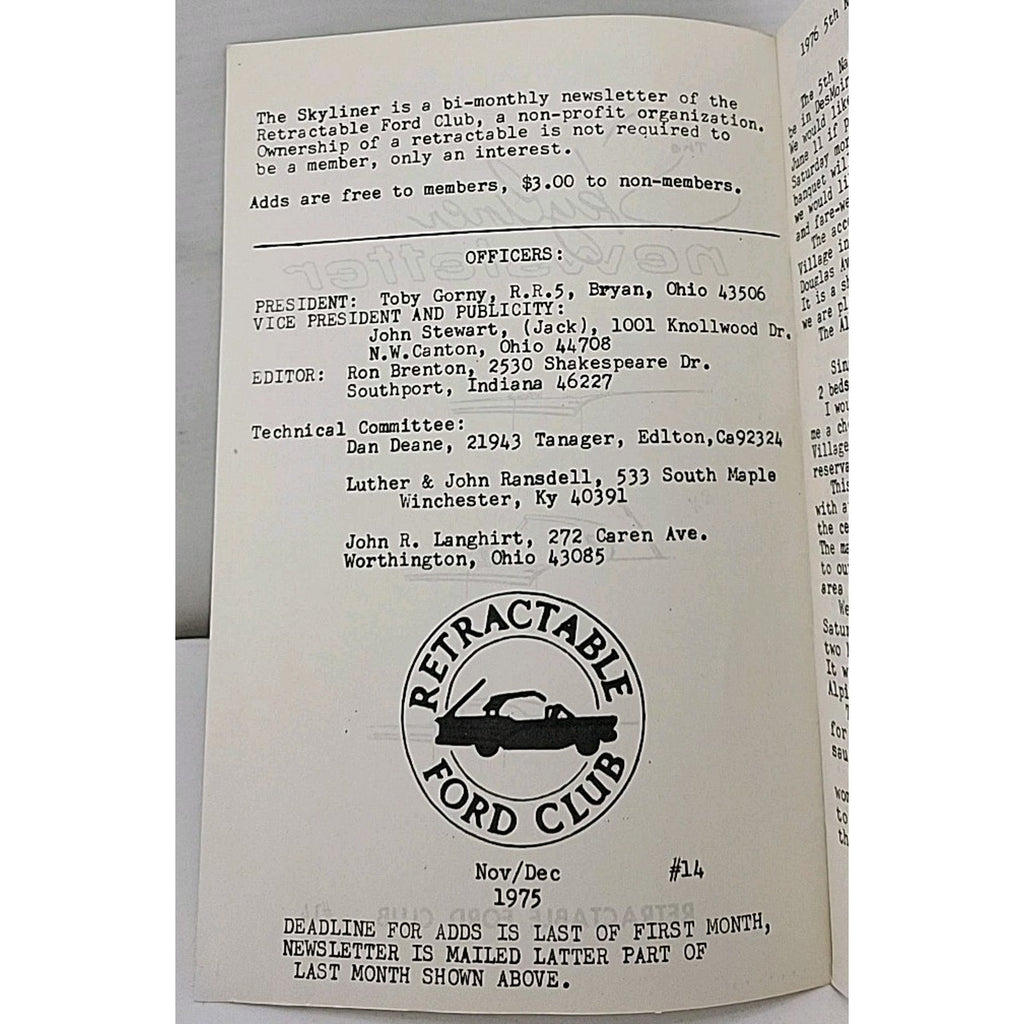 The Skyliner Newsletter - Retractable Ford Club #14 - November/December 1975