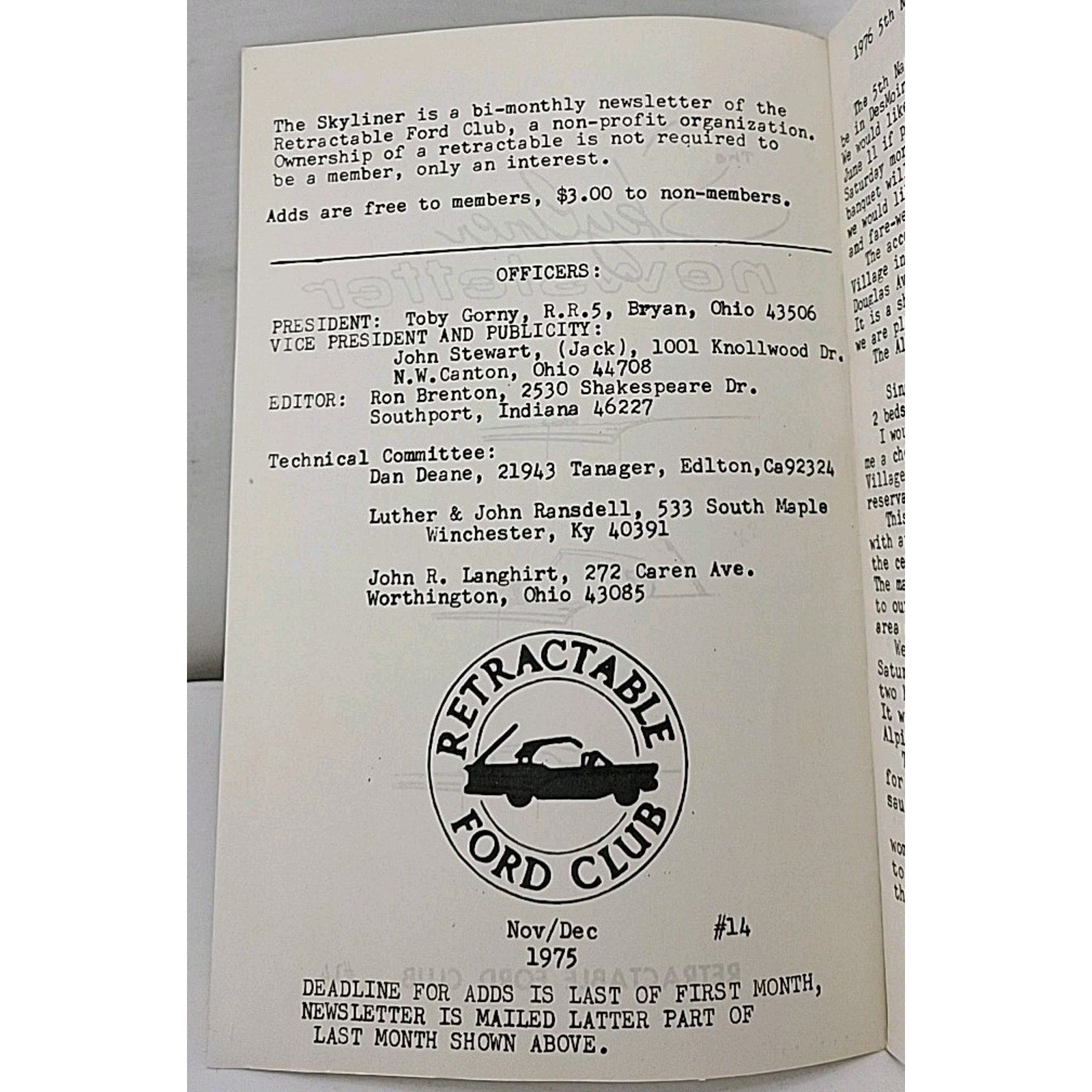 The Skyliner Newsletter - Retractable Ford Club #14 - November/December 1975