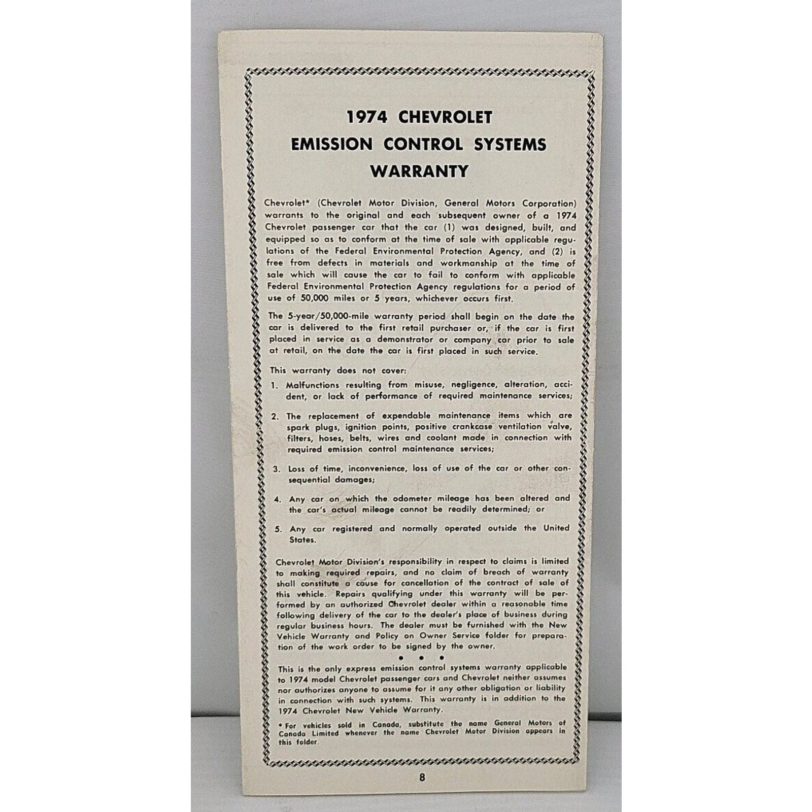 1974 Chevrolet Passenger Car Emission Control Systems Information And Warranty