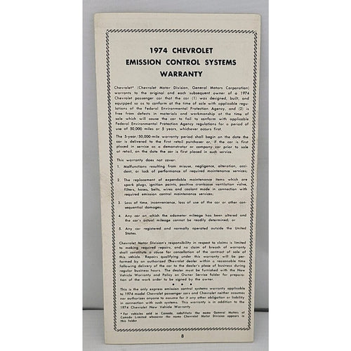 1974 Chevrolet Passenger Car Emission Control Systems Information And Warranty