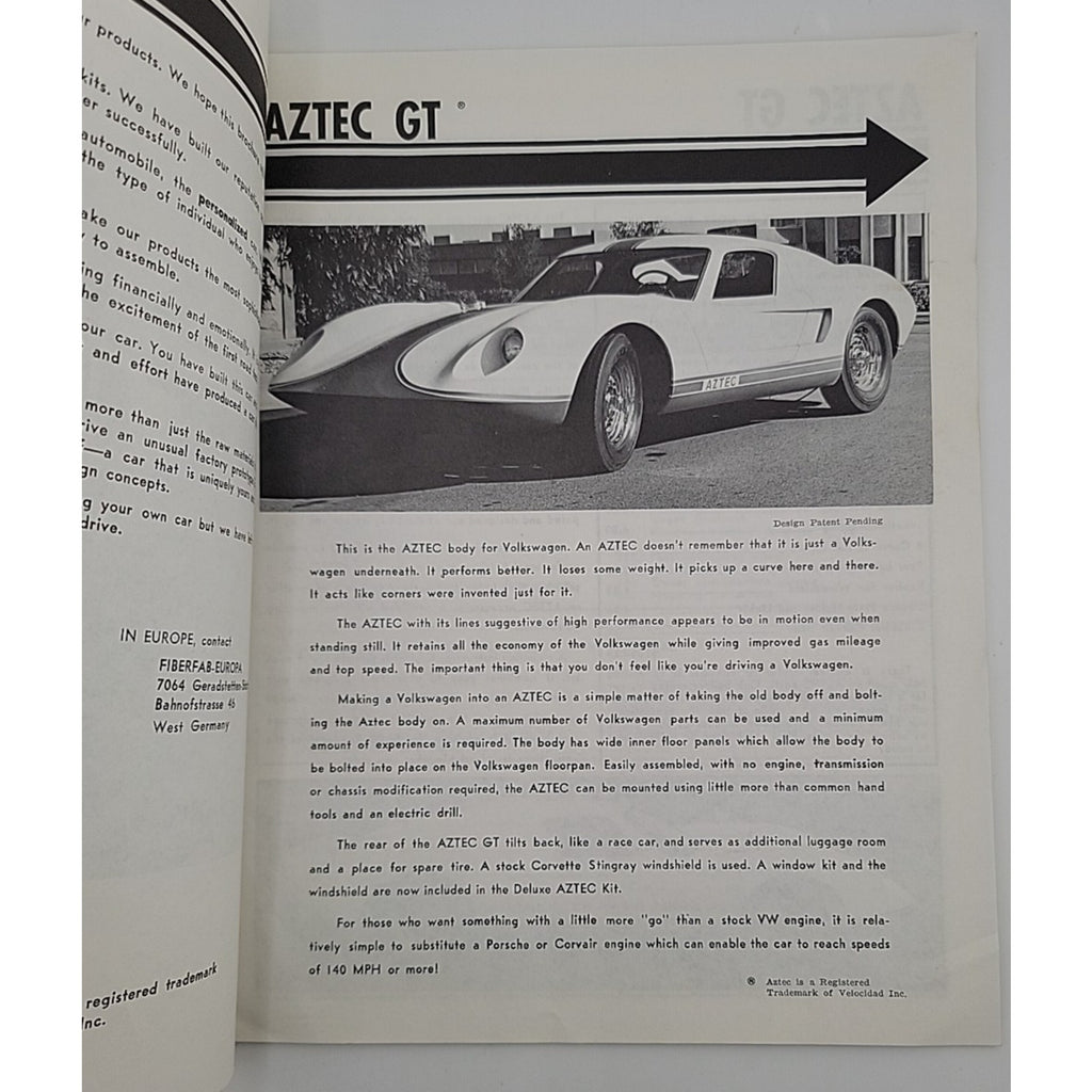 1966 Fiberfab Magazine Ad Aztec II Centurion Kit Car Fiberglass Bodies