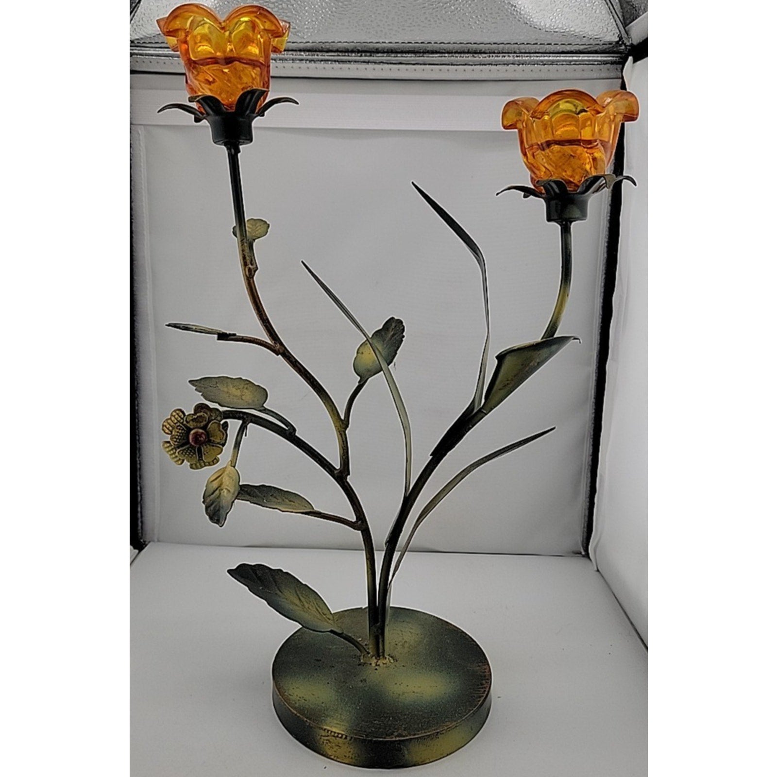 Amber Flower Candle Holder Approx 15" Tall Orange Leaf