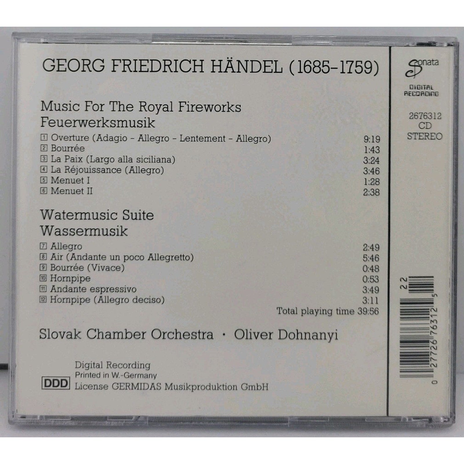 Handel Music for the Royal Fireworks Watermusic Suite CD Dohnanyi