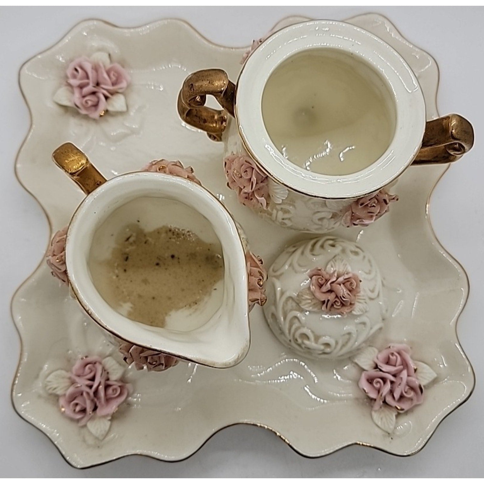 Cracker Barrel Ivory Porcelain 4pc Tea Set Pink Roses & Gold Trim