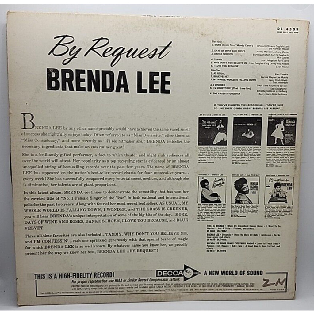 Brenda Lee By Request Record 12" Decca Records