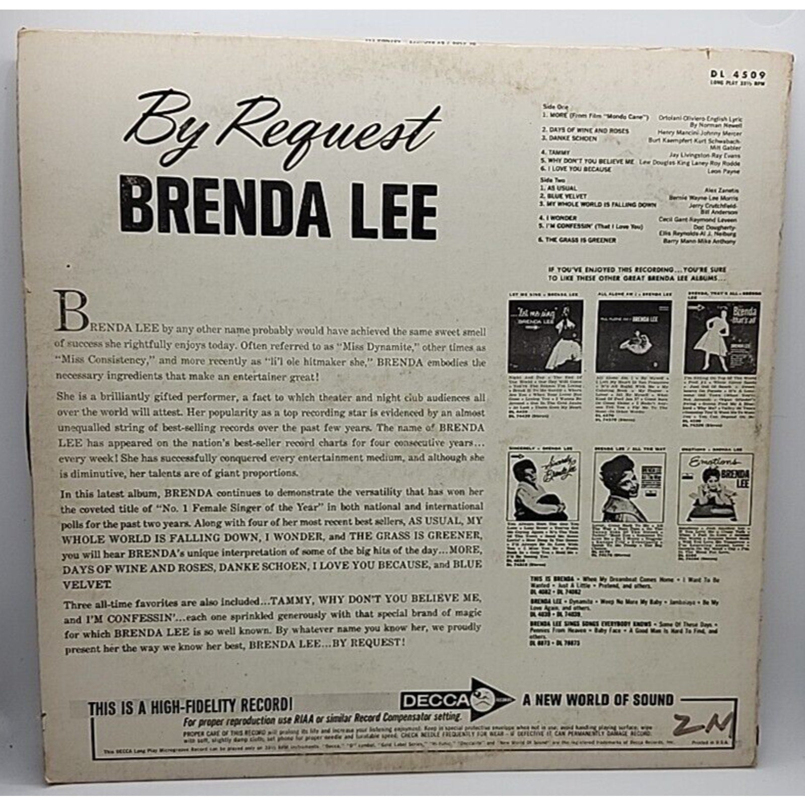 Brenda Lee By Request Record 12" Decca Records