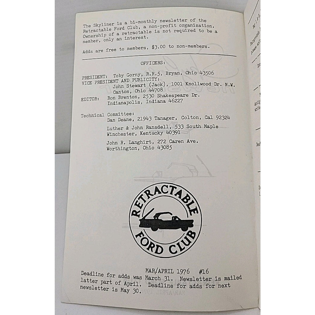 The Skyliner Newsletter - Retractable Ford Club #16 - March/April 1976