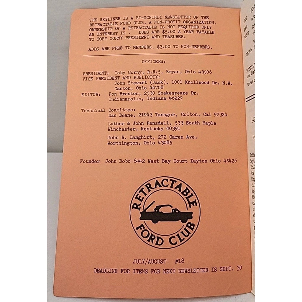 The Skyliner Newsletter - Retractable Ford Club #18 - July/August 1976