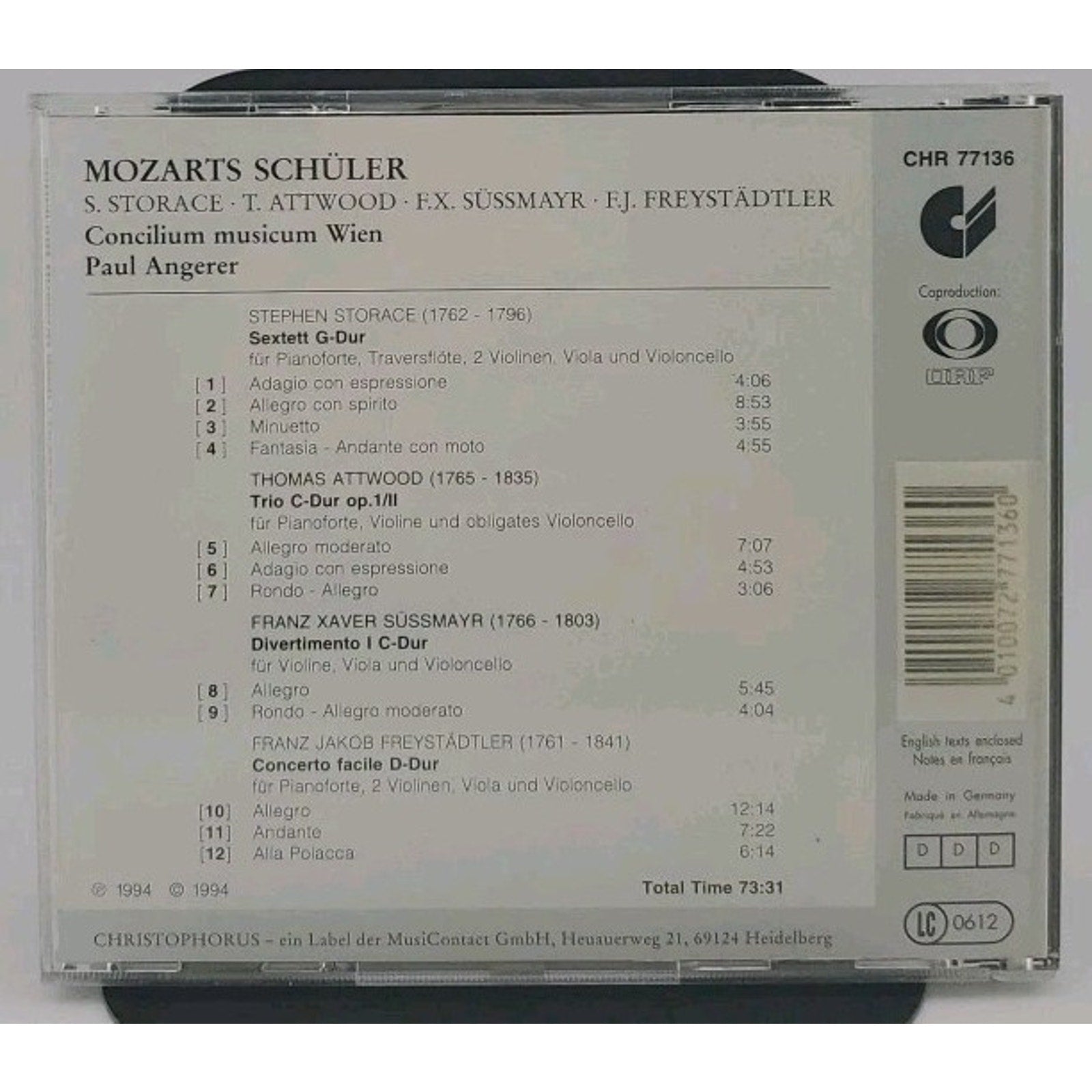 Mozart Schuler Mozart’s Pupils CD Paul Angerer Concilium Musicum Wien