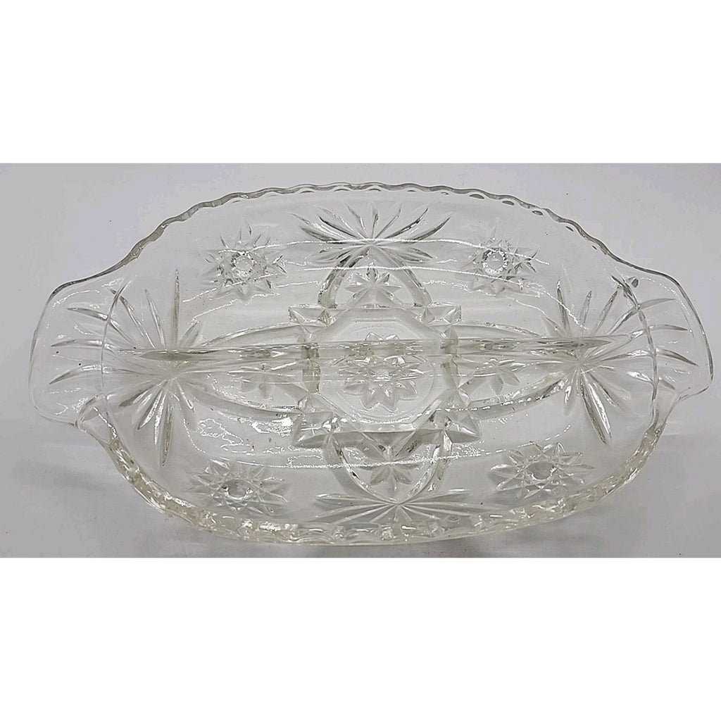 Vintage Anchor Hocking Prescut Star David Handle 2 Part Relish Clear Glass Dish