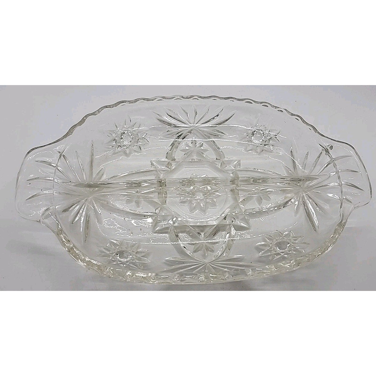 Vintage Anchor Hocking Prescut Star David Handle 2 Part Relish Clear Glass Dish