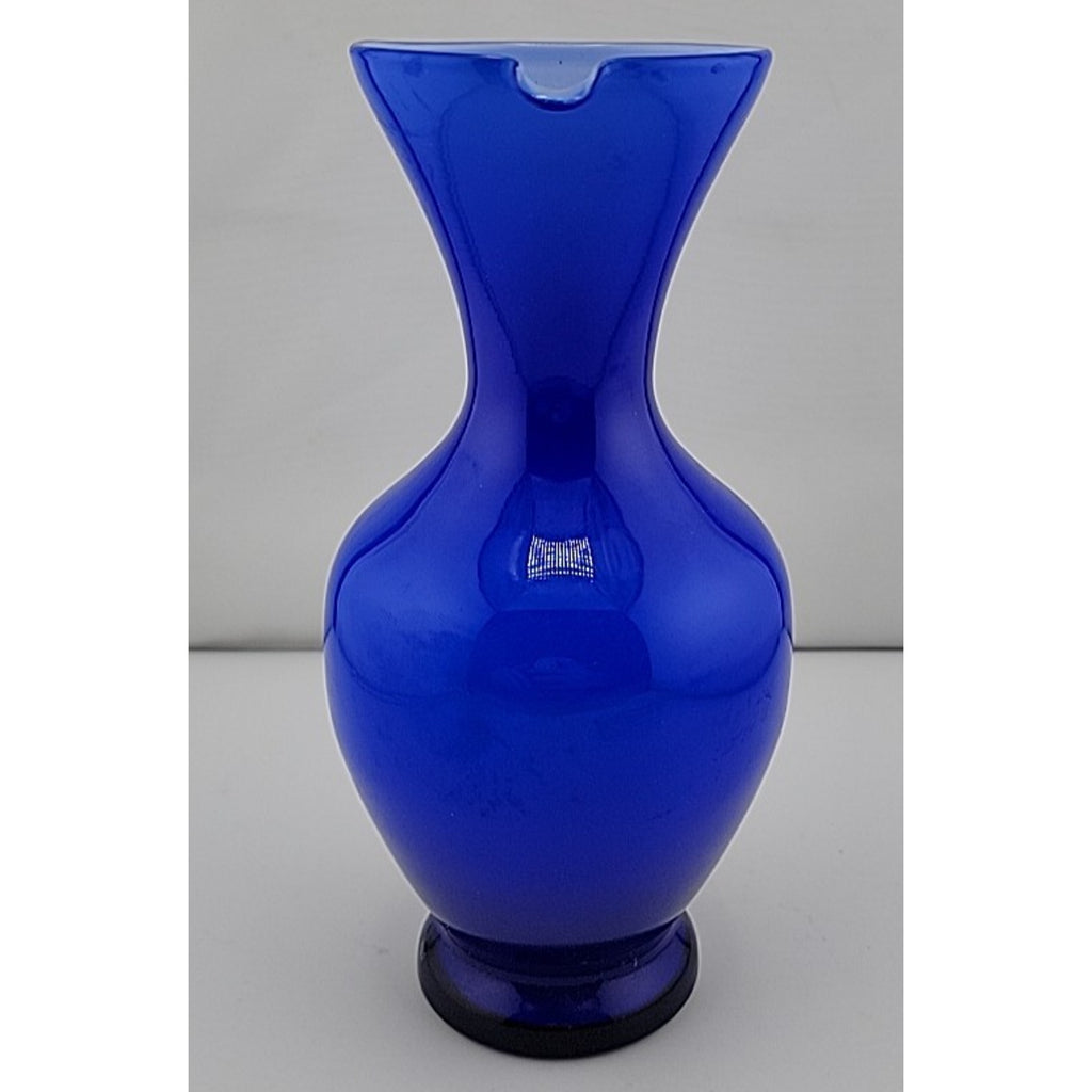 Contemporary Studio Art Glass Cobalt Blue Applied Clear Handle Vase Pitcher