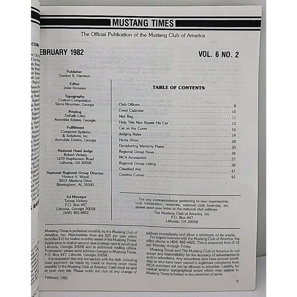 Mustang Times Magazine - Mustang Club Of America - February 1982 - Vol. 6 No. 2