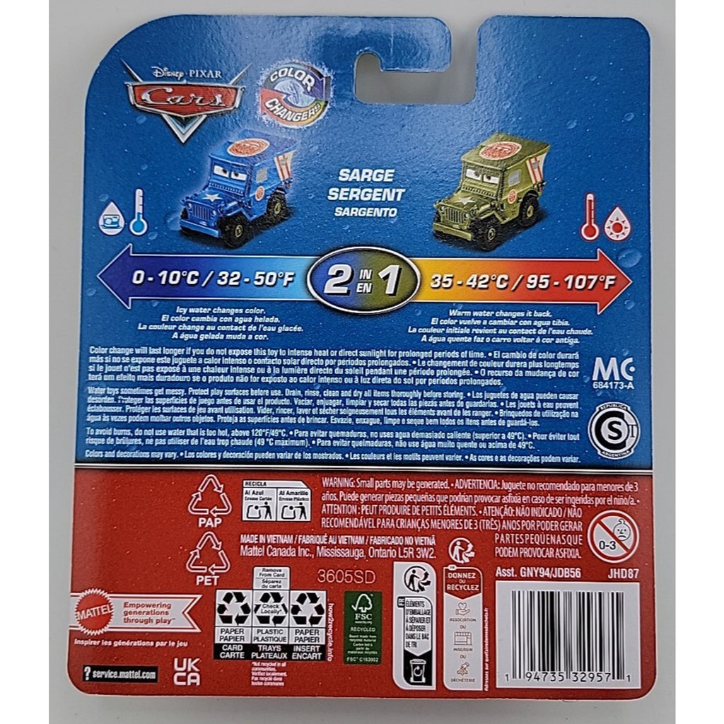 Disney Pixar Cars 2 In 1 Color Changers Jeep Sarge 1:55 Scale