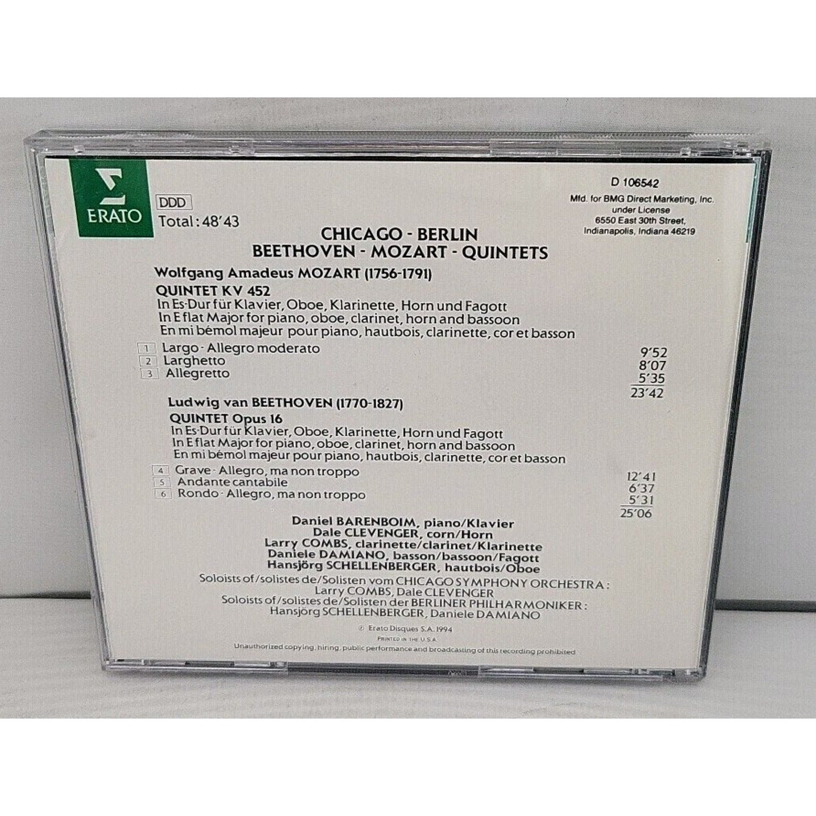 Barenboim Chicago-Berlin (CD, 1994) Beethoven Mozart Quintets