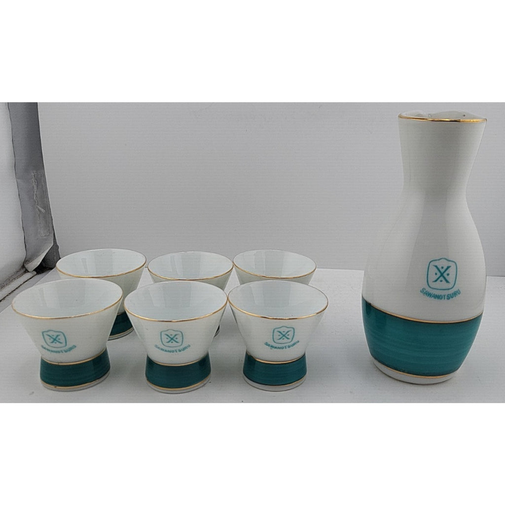 Vintage Sawanotsuru Sake Set Aqua Blue Gold Accent Made In Japan 7pc