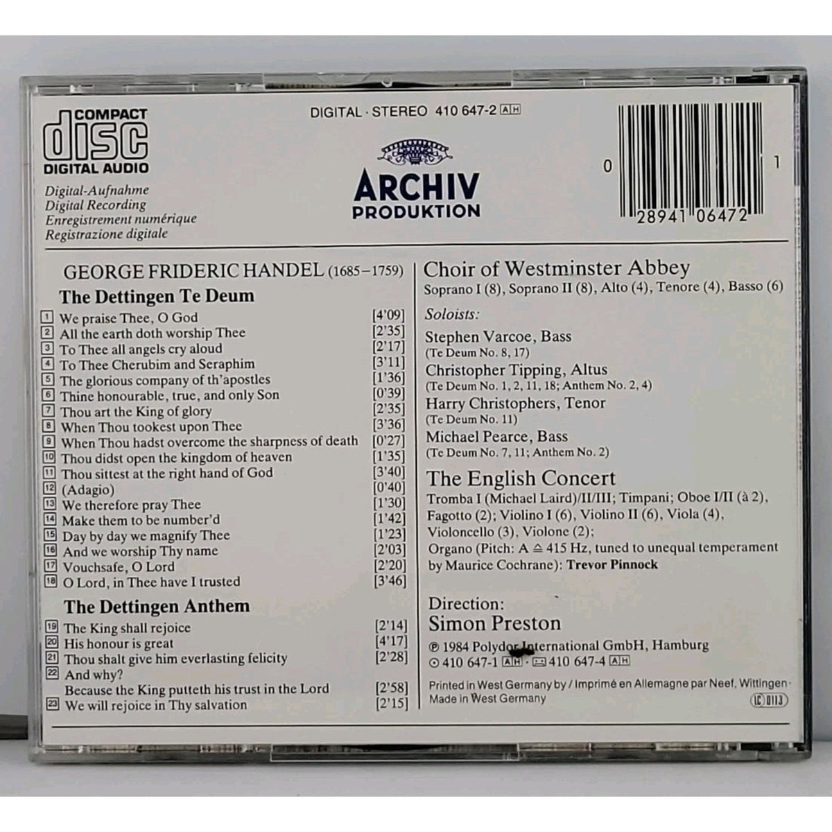 Dettingen Te Deum by Handel / Preston / Pinnock / Westminster Abbey Cho (CD,...