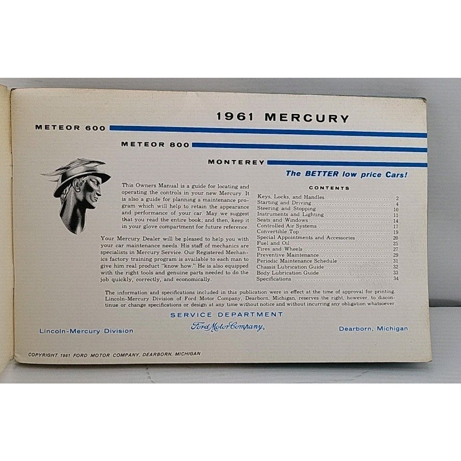 Mercury For 1961 Owner’s Manual Meteor 600, Meteor 800 Monterey