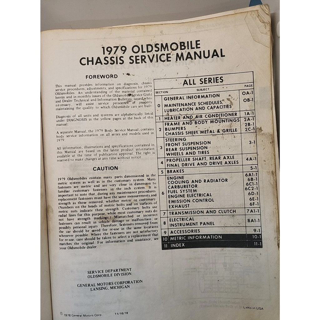1979 Oldsmobile Service Manual All Series