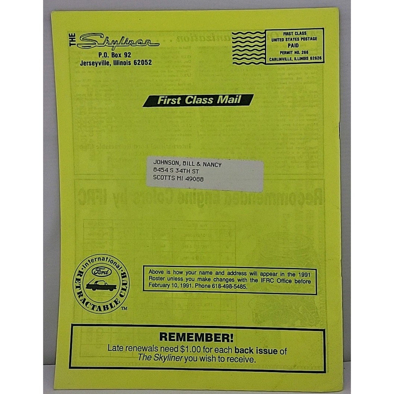 The Skyliner - International Retractable Club - January 1991 Number 122