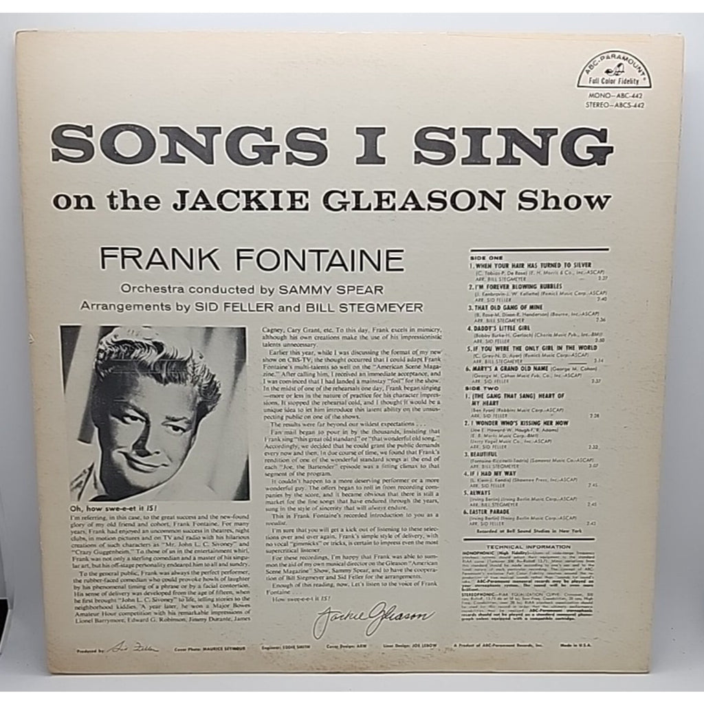 Songs I Sing On The Jackie Gleason Show- Frank Fontaine 12” Blue Cover (Record)