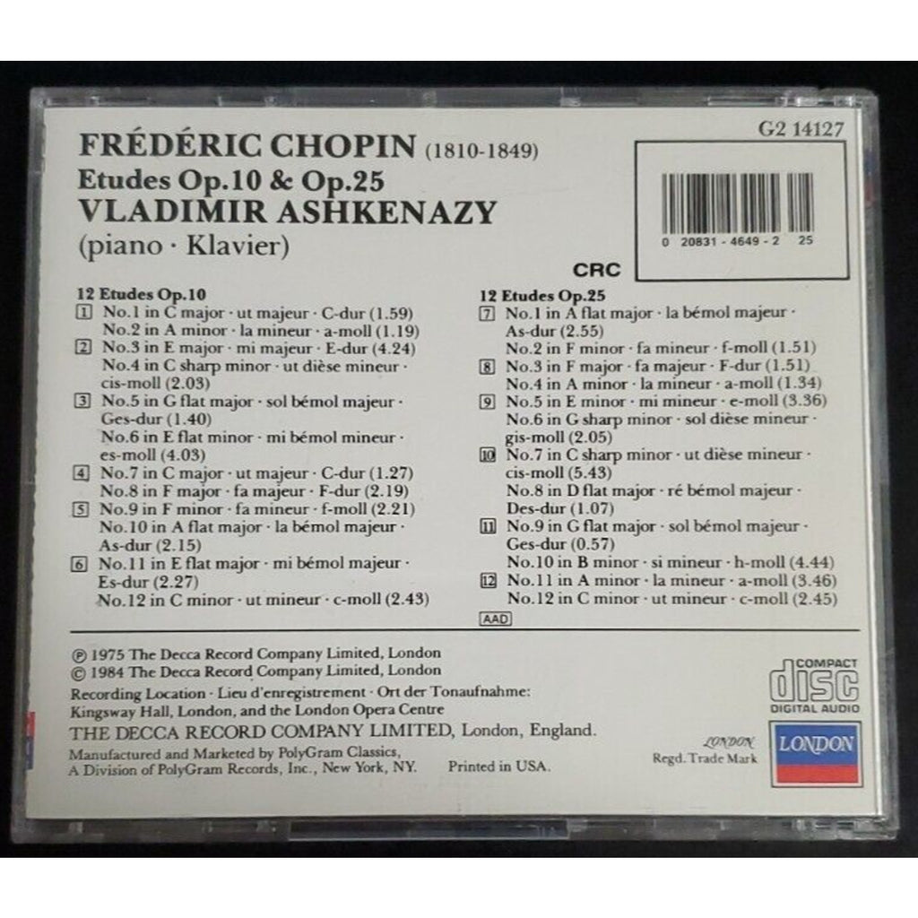 Frederic Chopin (1810-1849) Etudes - Op. 10 And Op. 25 Vladimir Ashkenazy (CD)