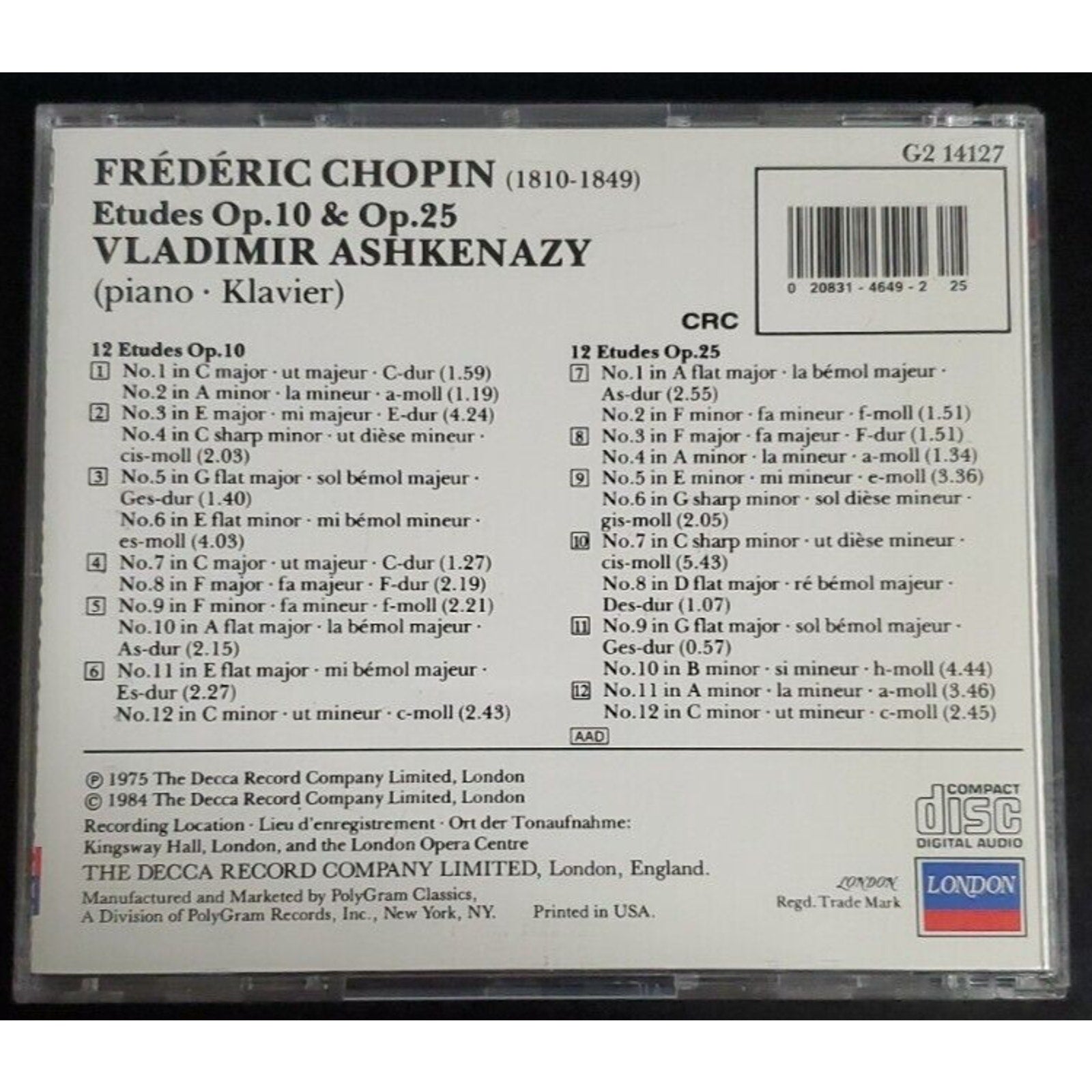 Frederic Chopin (1810-1849) Etudes - Op. 10 And Op. 25 Vladimir Ashkenazy (CD)