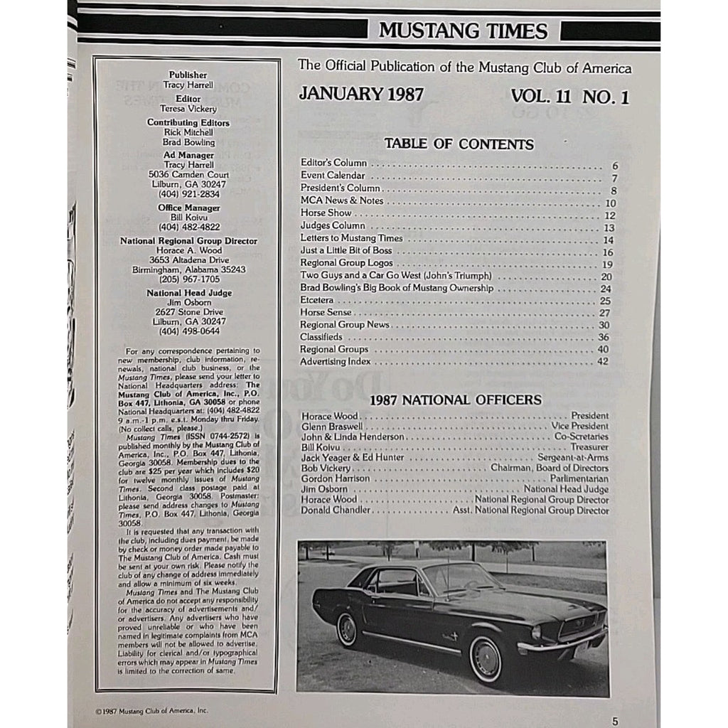 Mustang Times Magazine January 1987 Vol. 11 No. 1