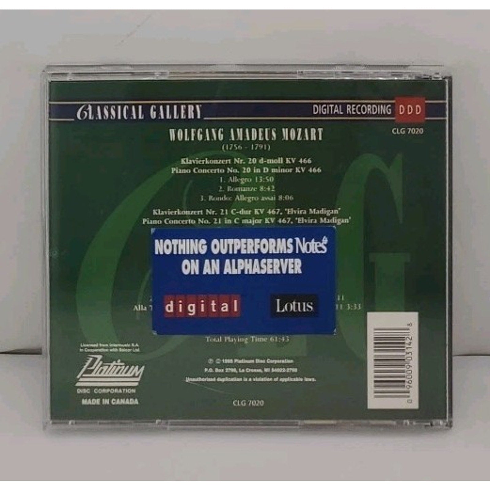 Classical Gallery - Mozart: Piano Concertos No 20 & 21, etc (CD, 1995, Platinum)