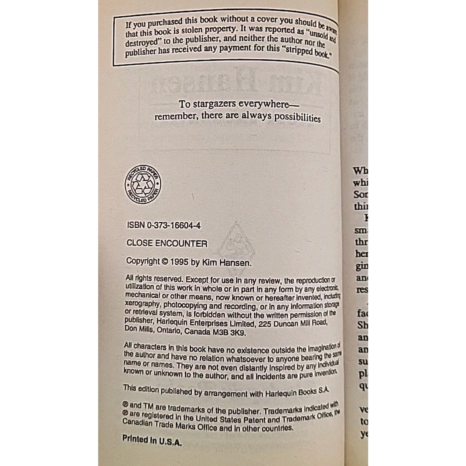 Close Encounter by Kim Hansen (1995, Mass Market)